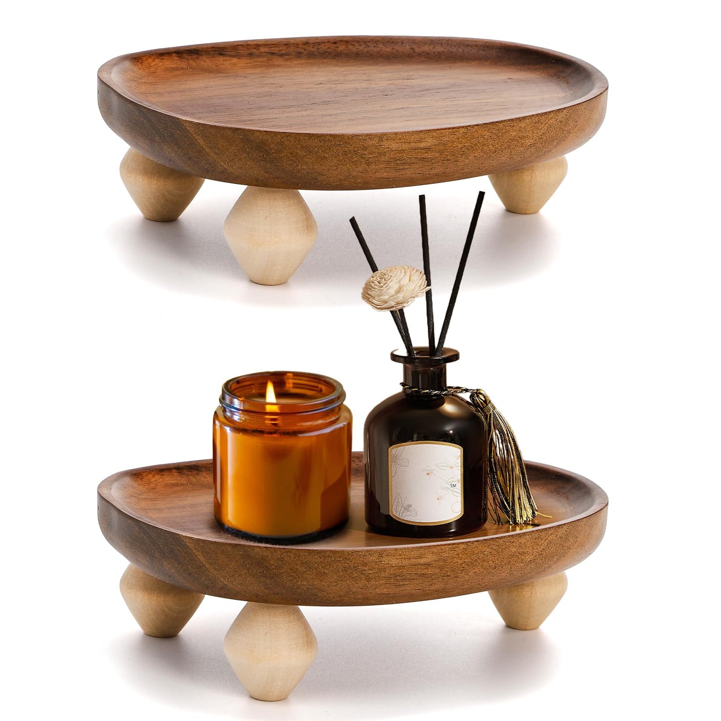 Dicunoy 2 Pack Handle Holder, 6" Wooden Display Riser Tray for Decor, Small Rustic Candle Plate Stand Pedestal for Display, Mini Candle Base Dish for Bathroom Counter Tabletop Centerpieces Kitchen