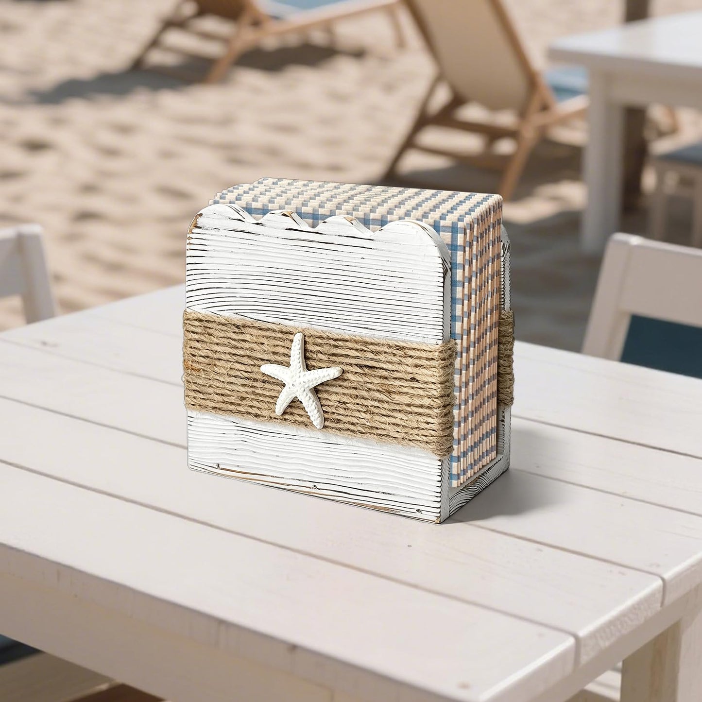 Natural Wooden Napkin Holder for Table – Farmhouse Upright Tissue Waves Dispenser, White Beach Theme Decor for Kitchen Dining Room, Indoor & Outdoor Use