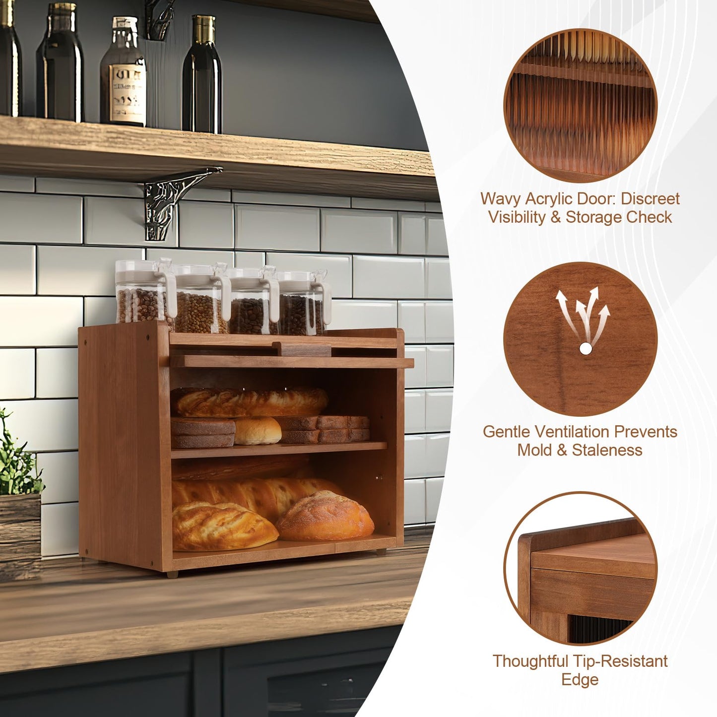 OCSERMIR Wooden Bread Box for Kitchen Countertop, 2 Tier Bread Storage Container with Acrylic Door, Adjustable Shelf, Ventilation Holes, Brown