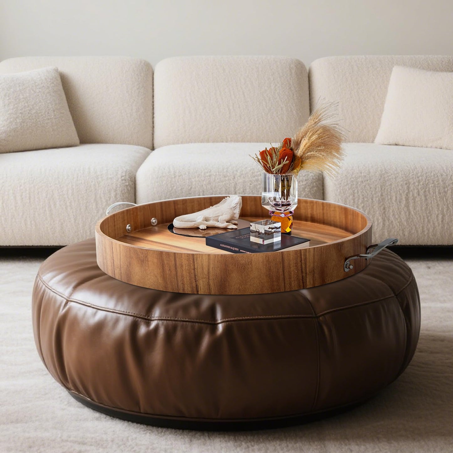 Large Round Tray 20" Round Wooden Tray Ottoman Tray with Handles Elegance and Easy to Pick Up, Tray for Ottoman Wood Serving Tray Decorative Trays for Daily Use and Party with Friends and Family