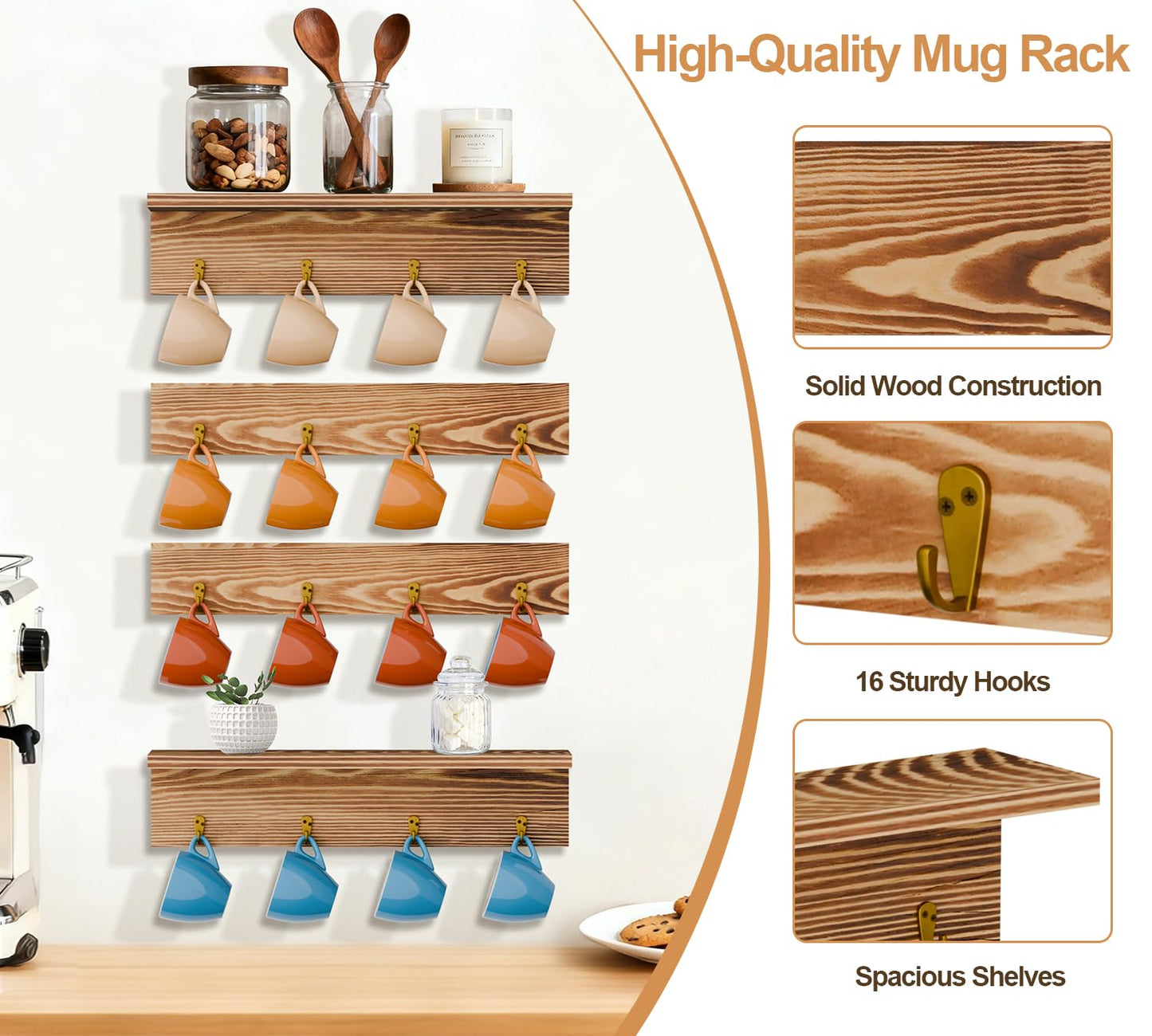 TRSPCWR Coffee Mug Rack Wall Mounted - Coffee Mug Holder with 16 Hooks and Display Shelf, 4 Tier Rustic Wood Bar Cup Organizer for Home Kitchen Display and Collection