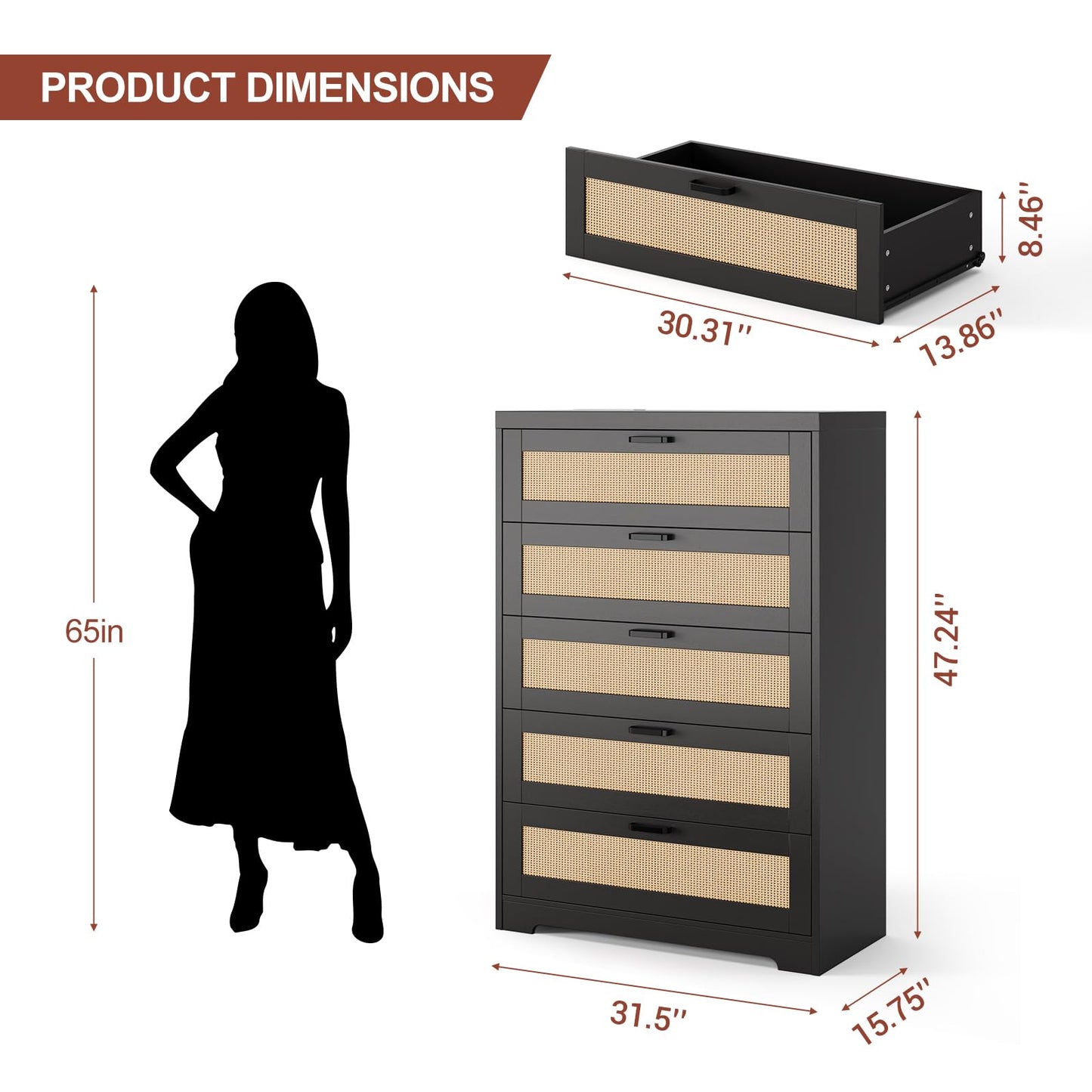 GarveeHome Rattan Dresser, Tall Chest of Drawers, Wood Dresser for Bedroom, Closet, Living Room, Hallway (Black Natural, 15.8" D x 31.5" W x 47.2" H (5 Rattan Drawers))