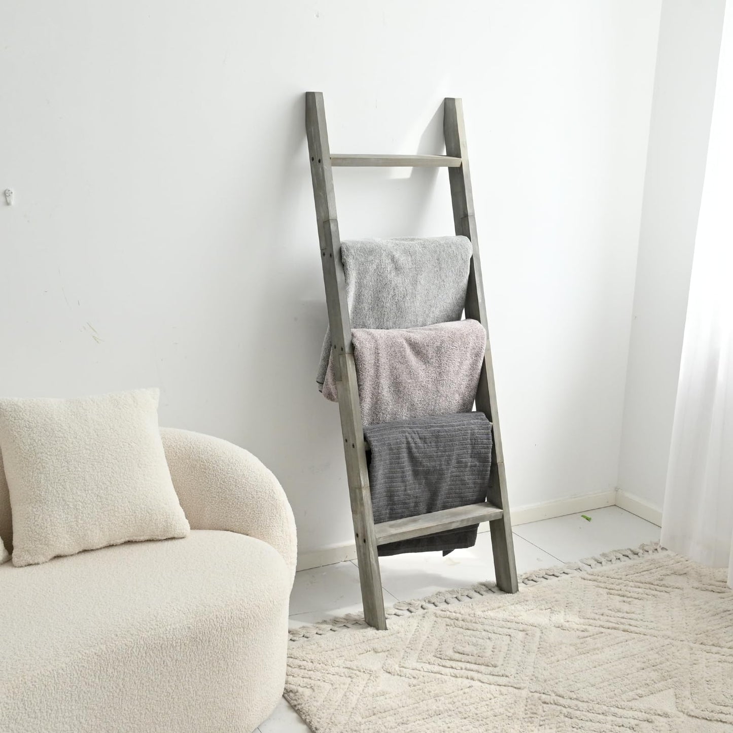 FUIN 5ft (58") Wood Blanket Ladder Living Room Decorative Wall Leaning Farmhouse Quilt Display Holder Shelf Rustic Wooden Towel Rack for Bathroom, Grey