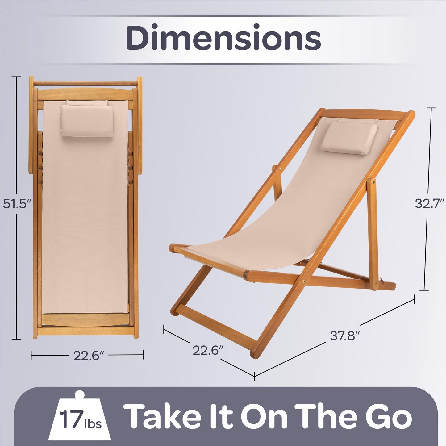 Beach Lounge Chair - Adjustable Height Reclining Sling Chair - Portable Wood Folding Chairs - Folding Lounge Chairs for Outside, Patio, Balcony, or Camping - Outdoor Furniture by Lavish Home (Beige)