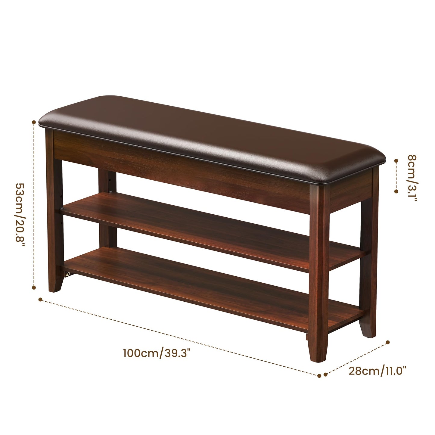 LBT Shoe Bench with Storage, Solid Rubberwood Shoe Rack Bench for Entryway, Adjustable 6.3" Shelf Fits High-Top Shoes & Boots, Hidden Storage Compartment, Cushion Seat, Stay-Open Hinge, Walnut