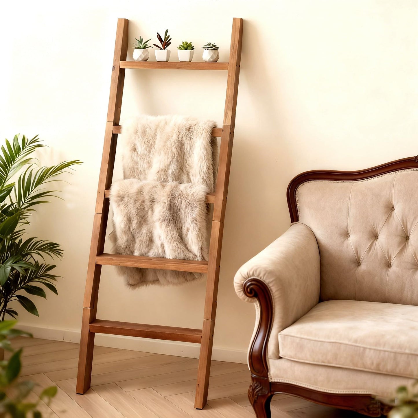 Avlora Design 6-Tier Blanket Ladder Rack, 66.5" H x 18" W Acacia Wood Leaning Shelf, Quilt Throw Towel Holder Stand, Rustic Farmhouse Decor for Living Room Bedroom Bathroom, Espresso Brown