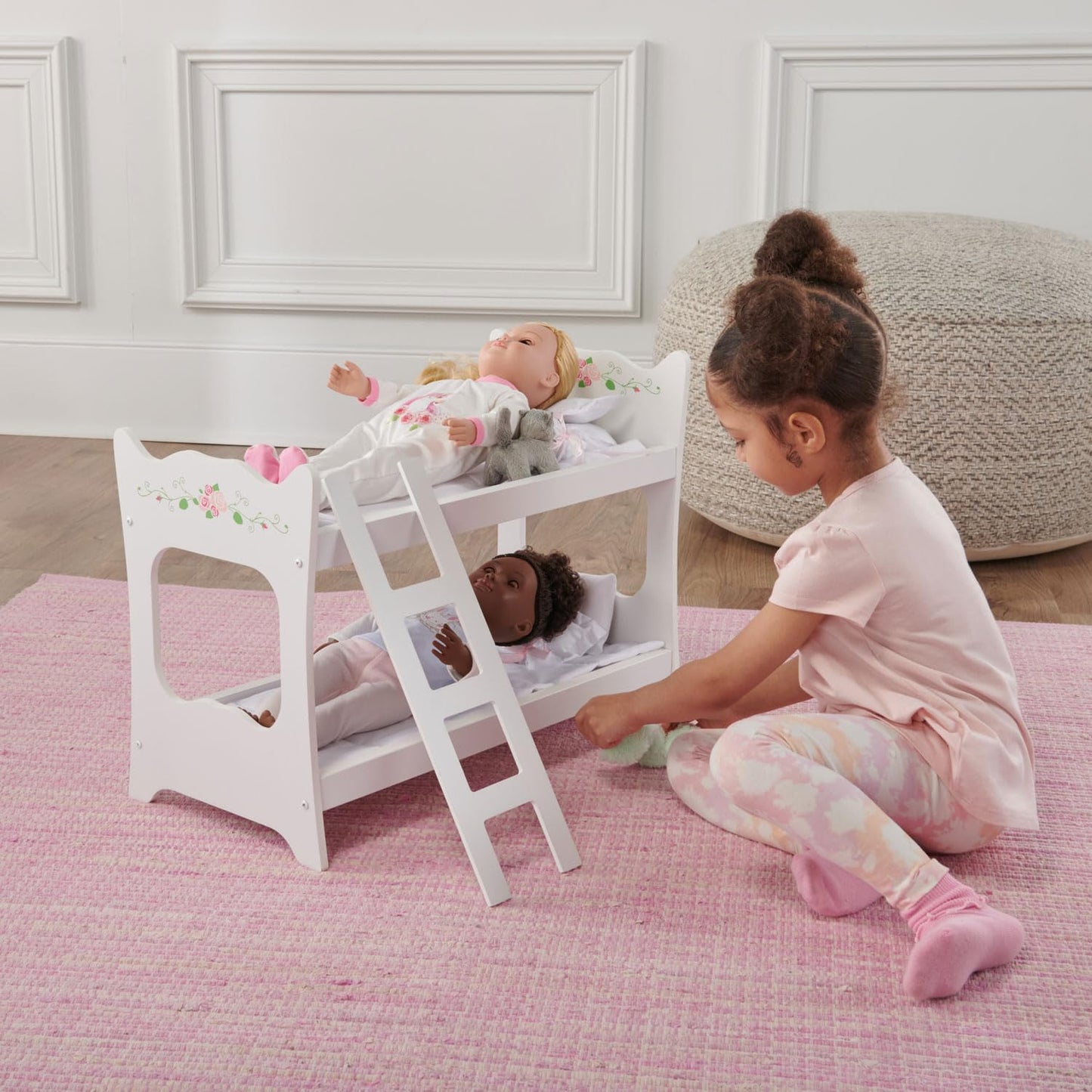 Badger Basket Doll Bunk Bed with Ladder and Bedding – Stylish White & Rose Design for 18 to 20-Inch Dolls with Pillows and Blankets