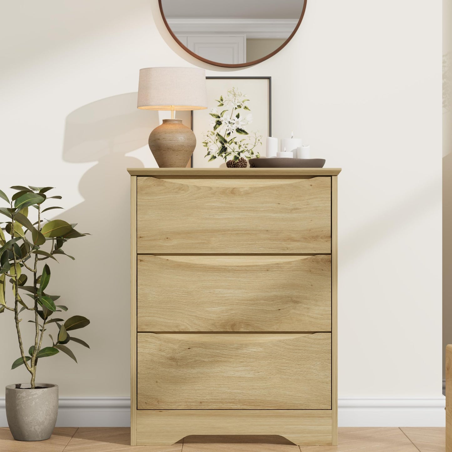 Garvee Wooden Dresser with 3 Drawers, Tall Modern Closet with Deep Storage, Large Chest of Drawers with Wide Top, Long Storage Dresser for Bedroom, Living Room, Hallway, Kids Room, Natural