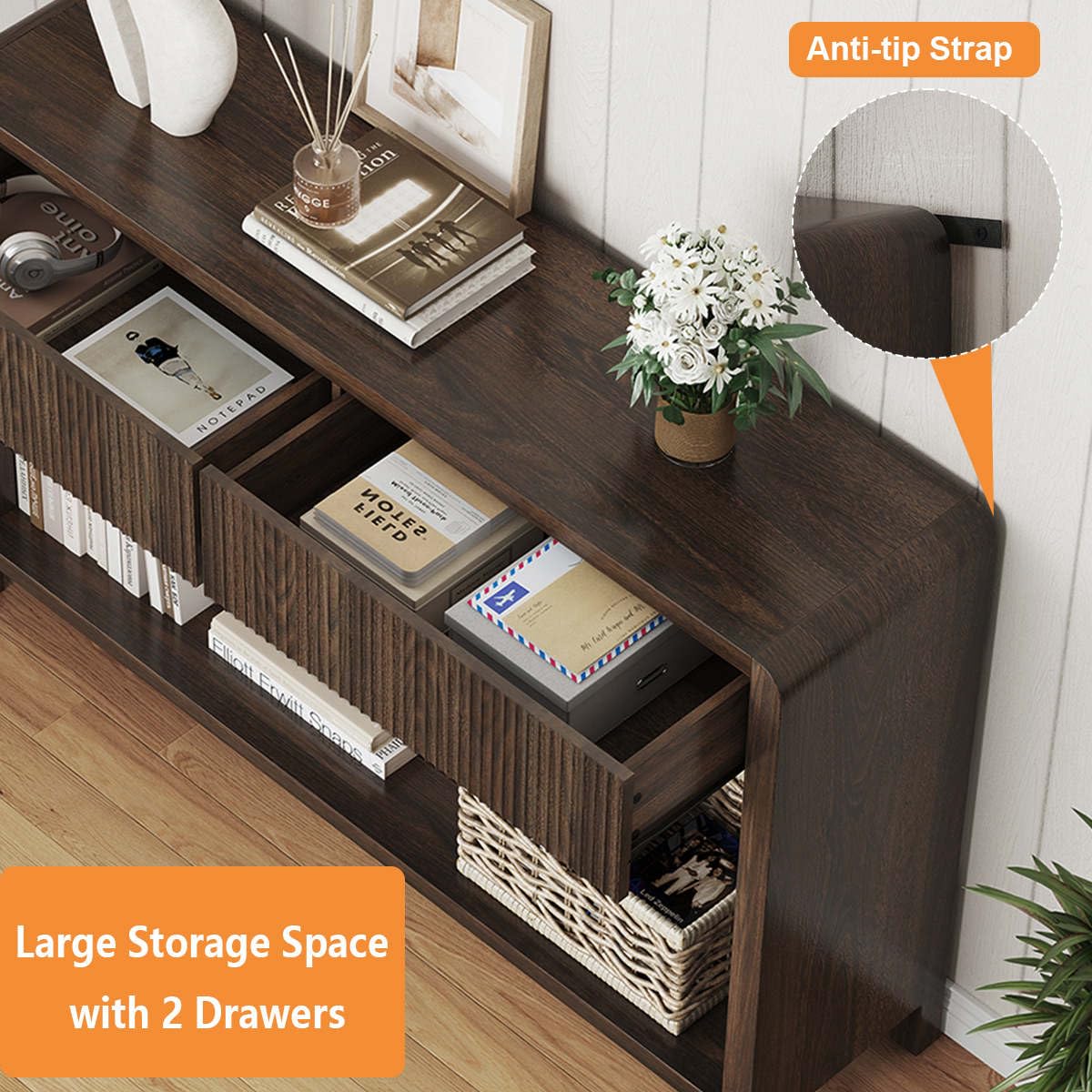 FATORRI Shoe Storage Bench and Console Table with 2 Drawers for Entryway, Living Room (Dark Walnut)