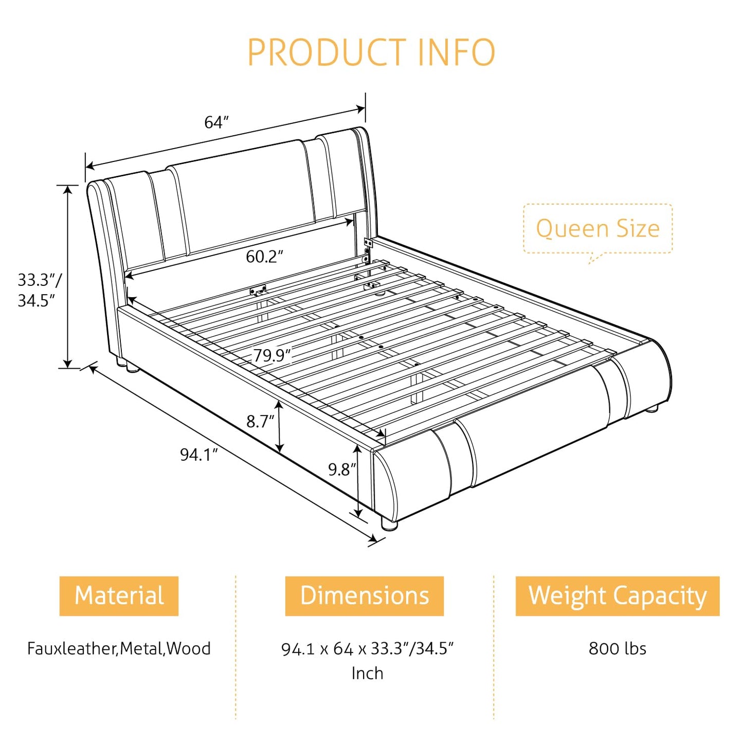 SHA CERLIN Queen Platform Bed Frame with Iron Pieces Decor and Adjustable Headboard/Deluxe Upholstered Modern Bed with Solid Wooden Slats Support/No Box Spring Needed, White