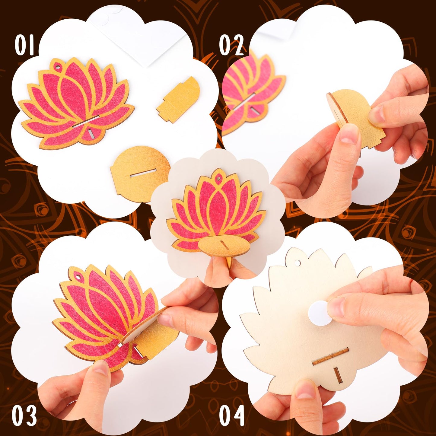 Yalikop 12 Pack Diwali Decoration 4 x 4 Inch Jharokha Lotus Design Wooden Candle Holder Tea Light Diya Holder Traditional Lotus Box Decor for Deepavali Decoration Festive Wall Decor DIY Craft