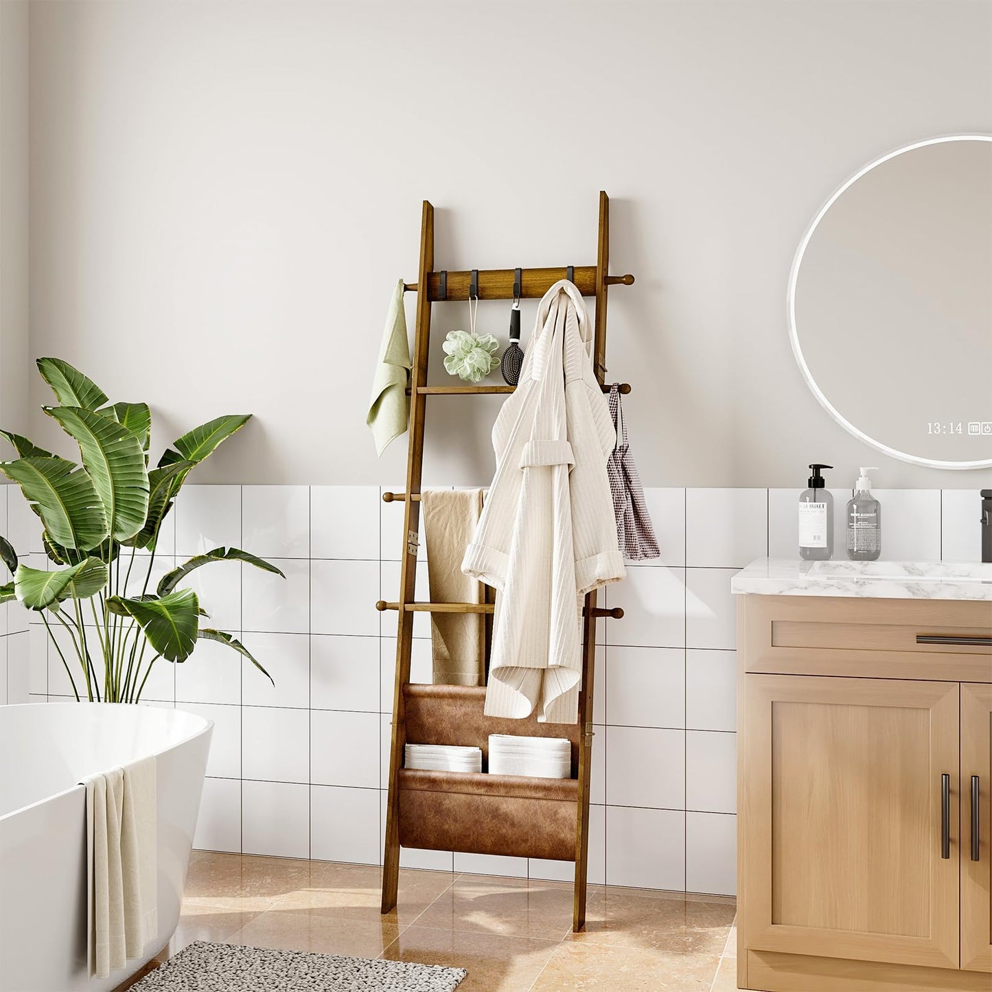 ELYKEN Blanket Ladder for Living Room, 5-Tier Wooden Towel Rack with Synthetic Leather Pocket, 4 Removable Hooks, Decorative Leaning Ladder Shelf for Bedroom, Walnut