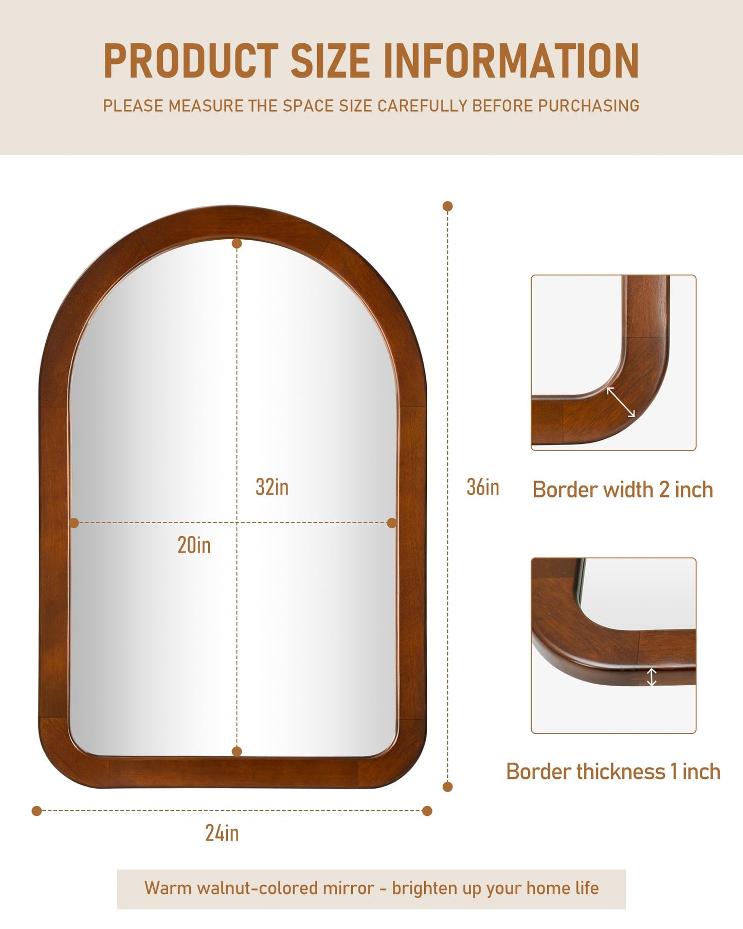 Arched Mirror 24 x 36 Inch,Walnut Brown Wood Rustic Bathroom Tempered Wall Mirror with Wood Frame,Round Corner Arch Farmhouse Wooden Vanity Mirror for Living Room,Entryway or Bedroom