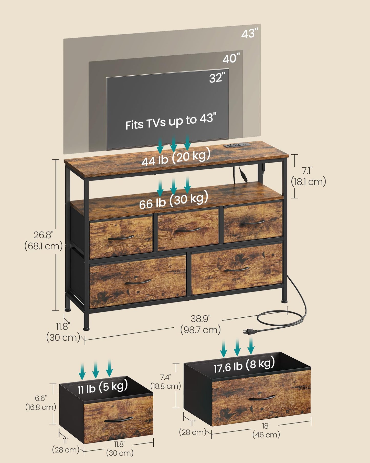 SONGMICS BELLAH Collection - Dresser for Bedroom with App-Controlled LED Lights and Charging Station, Chest of Drawers, TV Stand, 5 Drawers, Shelf, Industrial, Rustic Brown and Ink Black ULGS723KD05S