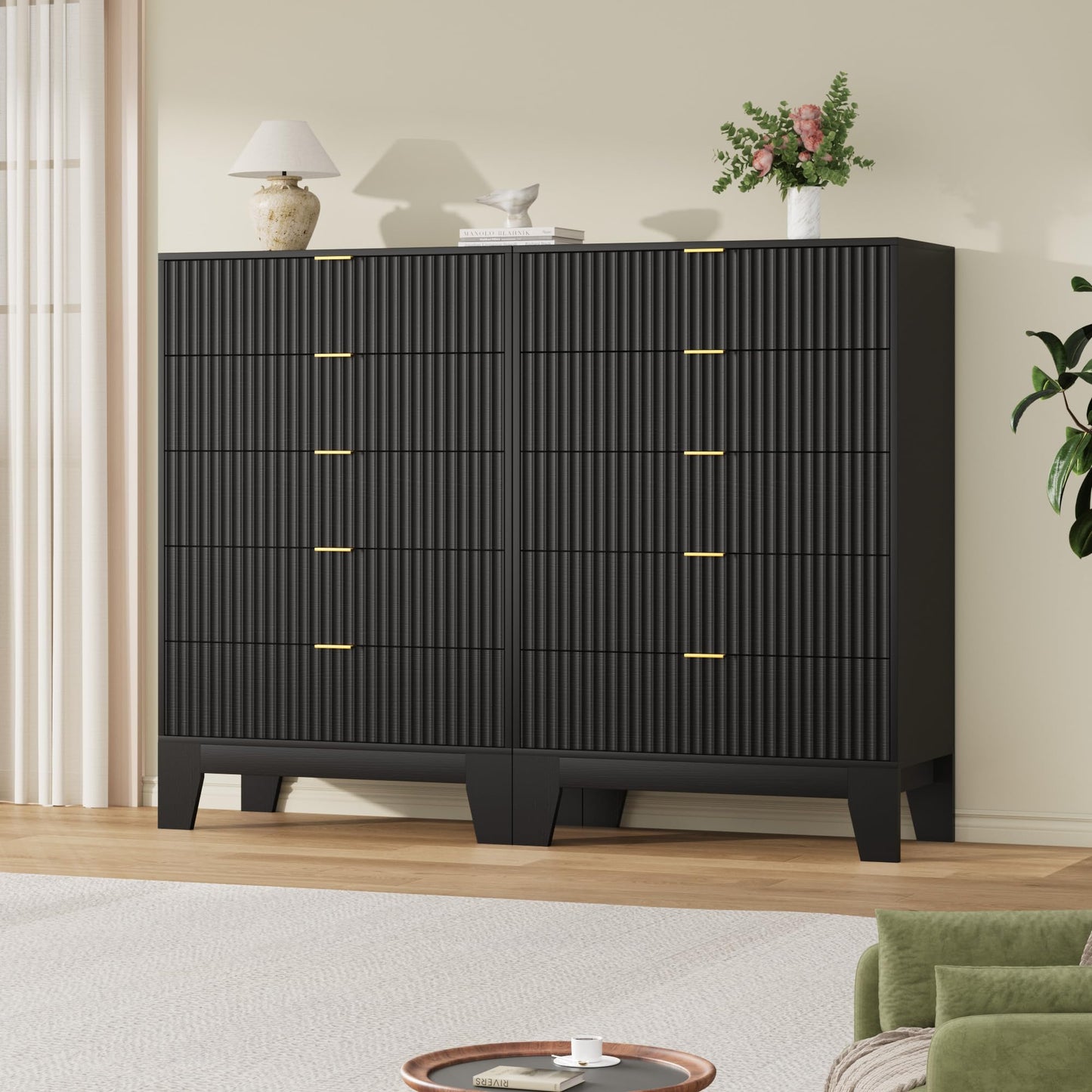 Garvee 5 Drawer Dresser for Bedroom, 47" Tall Fluted Chest of Drawers with Metal Handle, Modern Wooden Dresser TV Stand, Clothes Storage Organizer Wood Closet for Hallway, Entryway, Black
