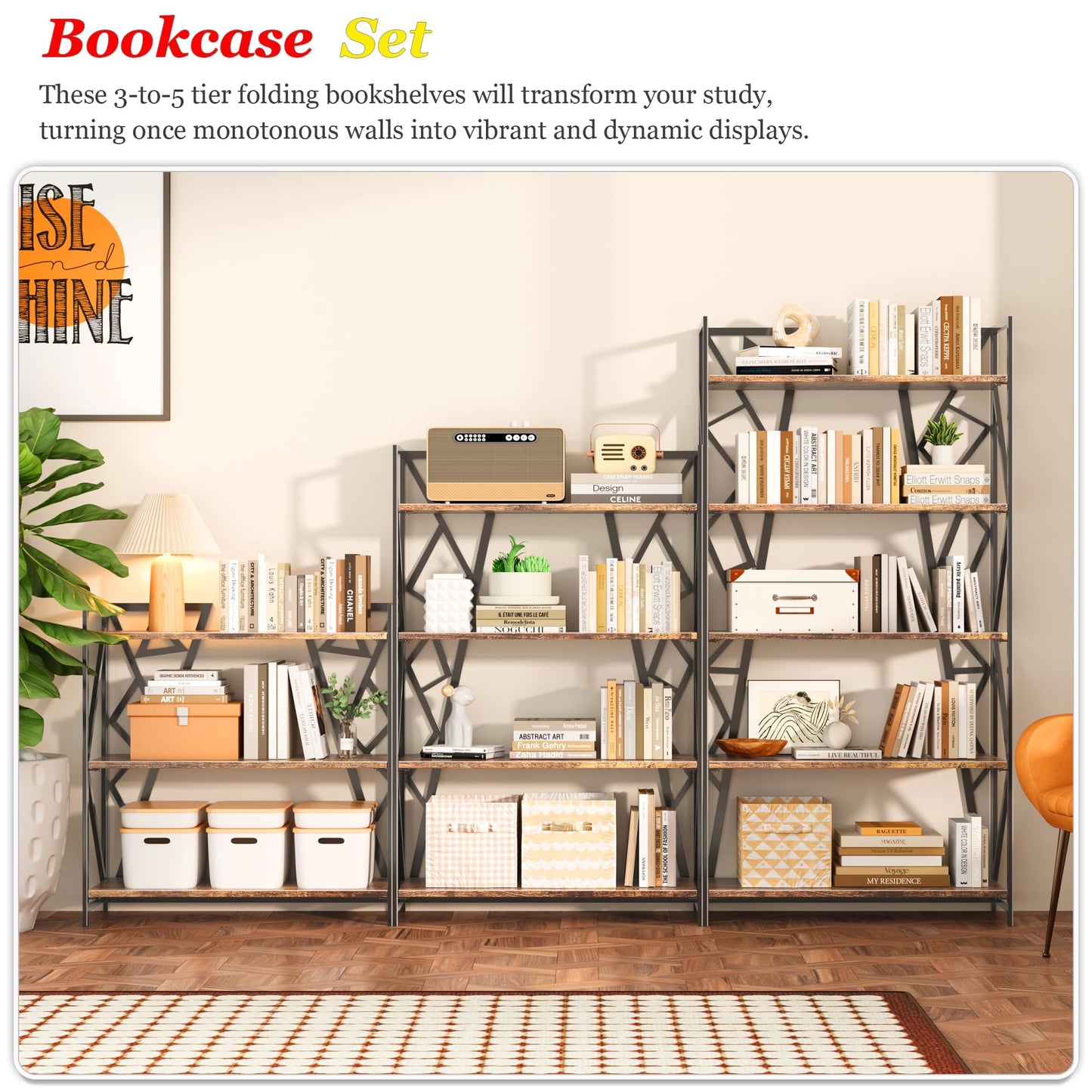 UDD No Assembly Wide Folding Bookshelf, 34" H x 30.9" W, 3 Tier Foldable Book Shelf Industrial Bookcase, Vintage Collapsible Storage Shelves for Home Office Living Room Bedroom, Rustic Brown Black