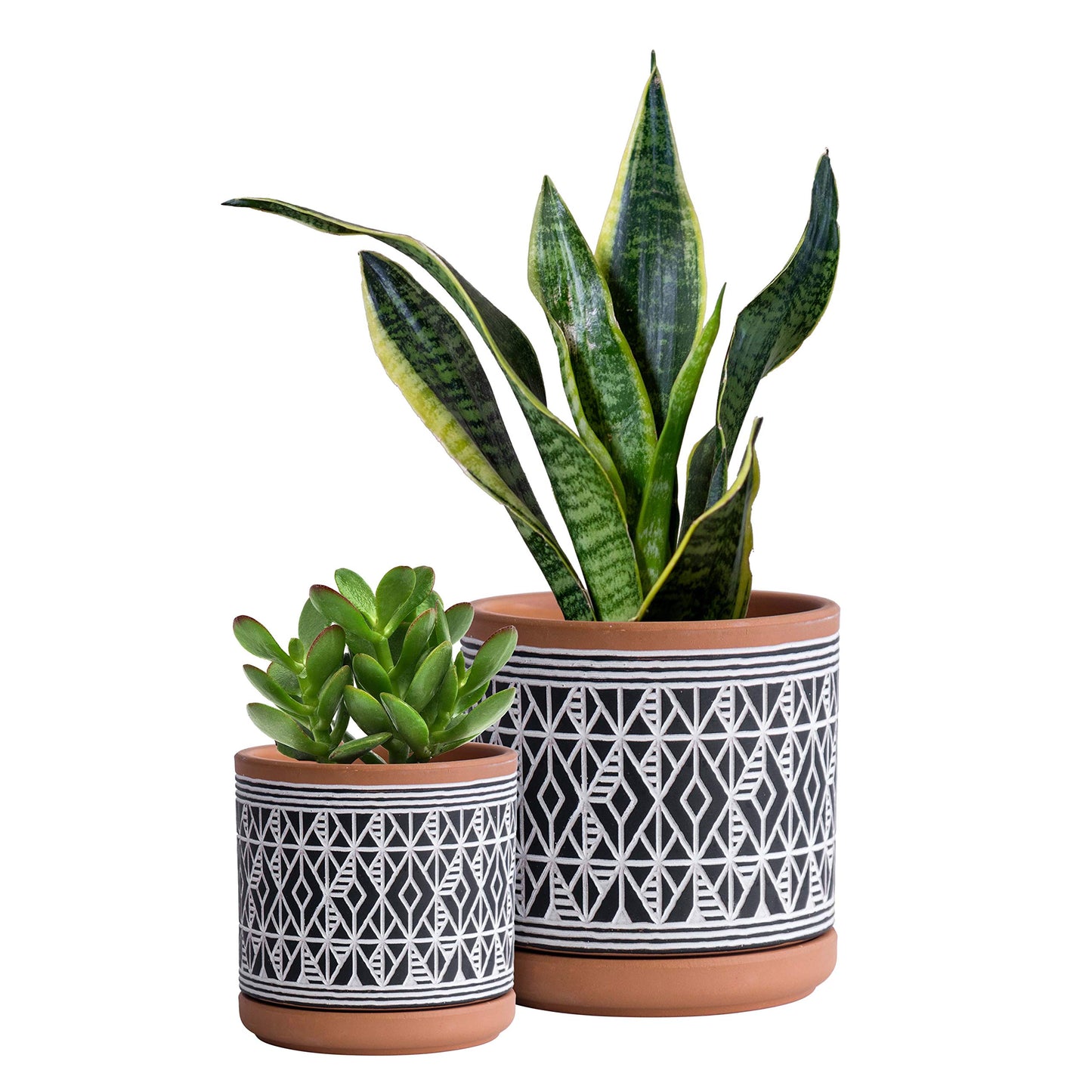 D'vine Dev Set of 2 Terracotta Pots, Diamond Pattern Planter Pot, 4 Inch and 6 Inch, Pot with Drainage Hole and Saucer, Terracotta/Black, 31-958-G-2
