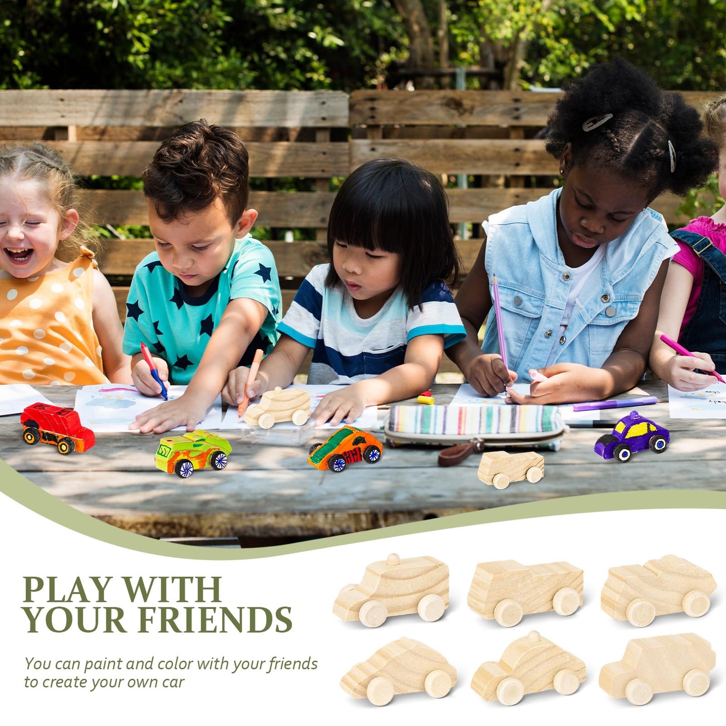 Lenwen 48 Pcs Wooden DIY Car Toys for Party Unfinished Wooden Cars, Wood Truck Wood Graffiti Toy Truck and Crafts DIY for Students Girls Boys Activities Craft Projects Woodworking (Cute)