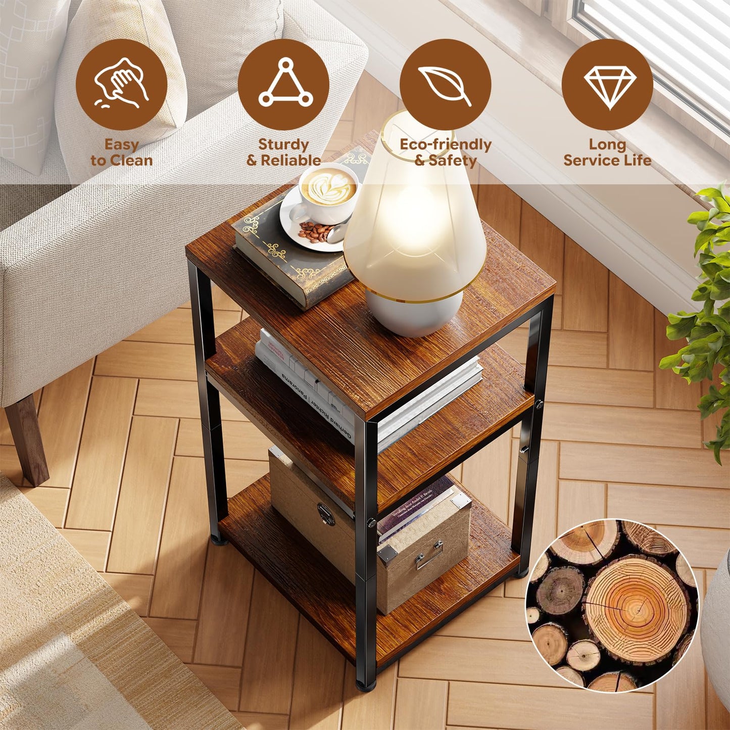 Ekisemio 3-Tier Side Table – End Table Nightstand for Small Spaces & Living Room, Rustic Brown