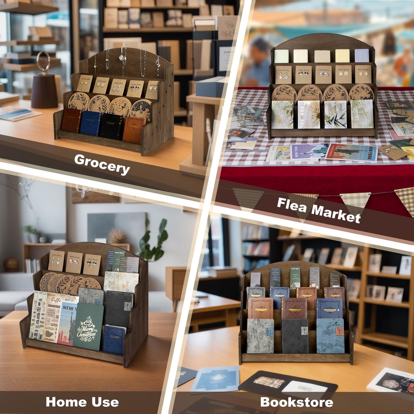 PUERSI Greeting Card Display Stand Holder - 4-Tier Wooden Organizer Rack for Retail Stores, Postcards, Stickers & Stationery Vendors Brown