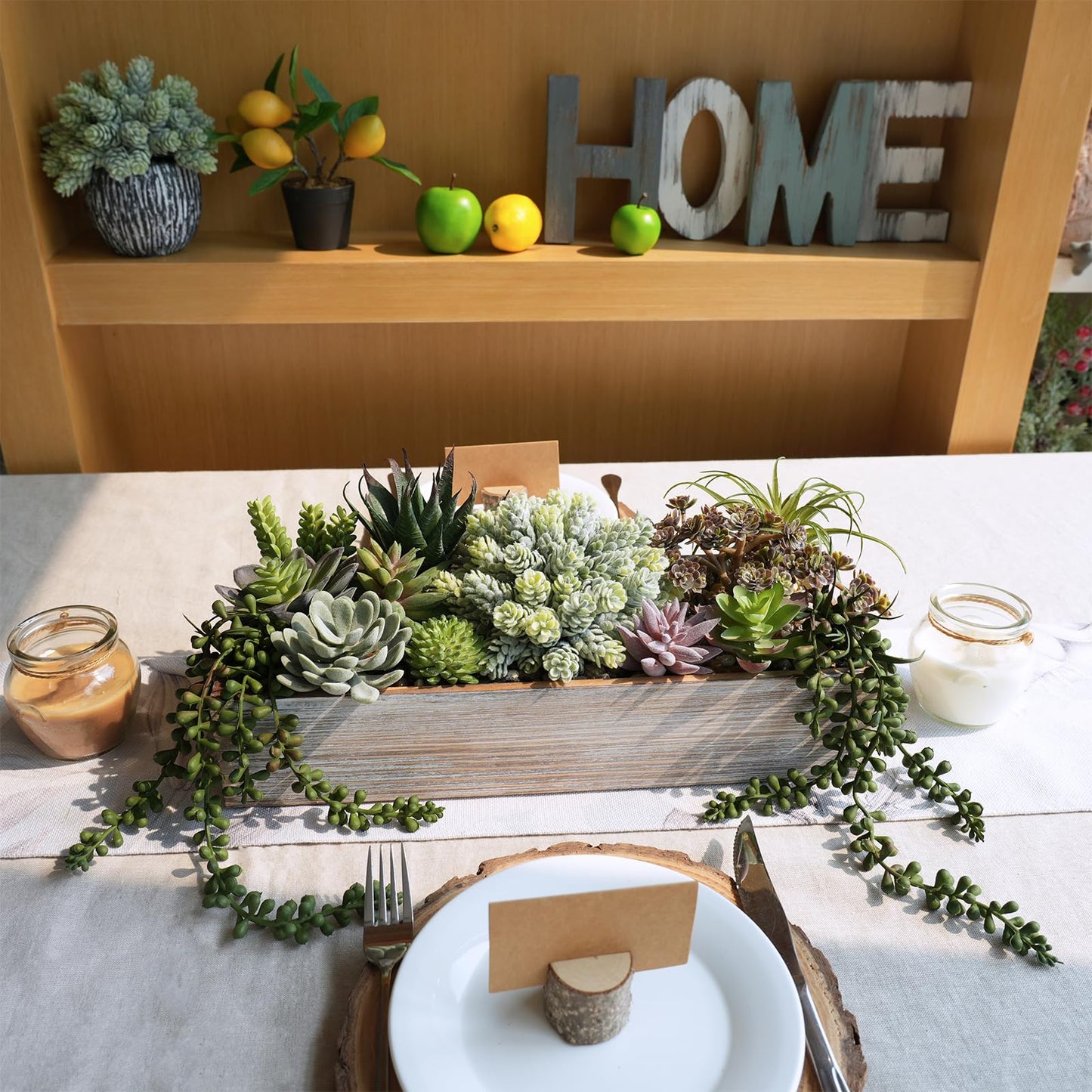 Winlyn 15" Artificial Succulents Plants Arrangement Fake Succulent Plants in Whitewashed Rectangular Wooden Planter Box Faux Potted Plant Decor for Home Windowsill Shelf Farmhouse Table Centerpiece