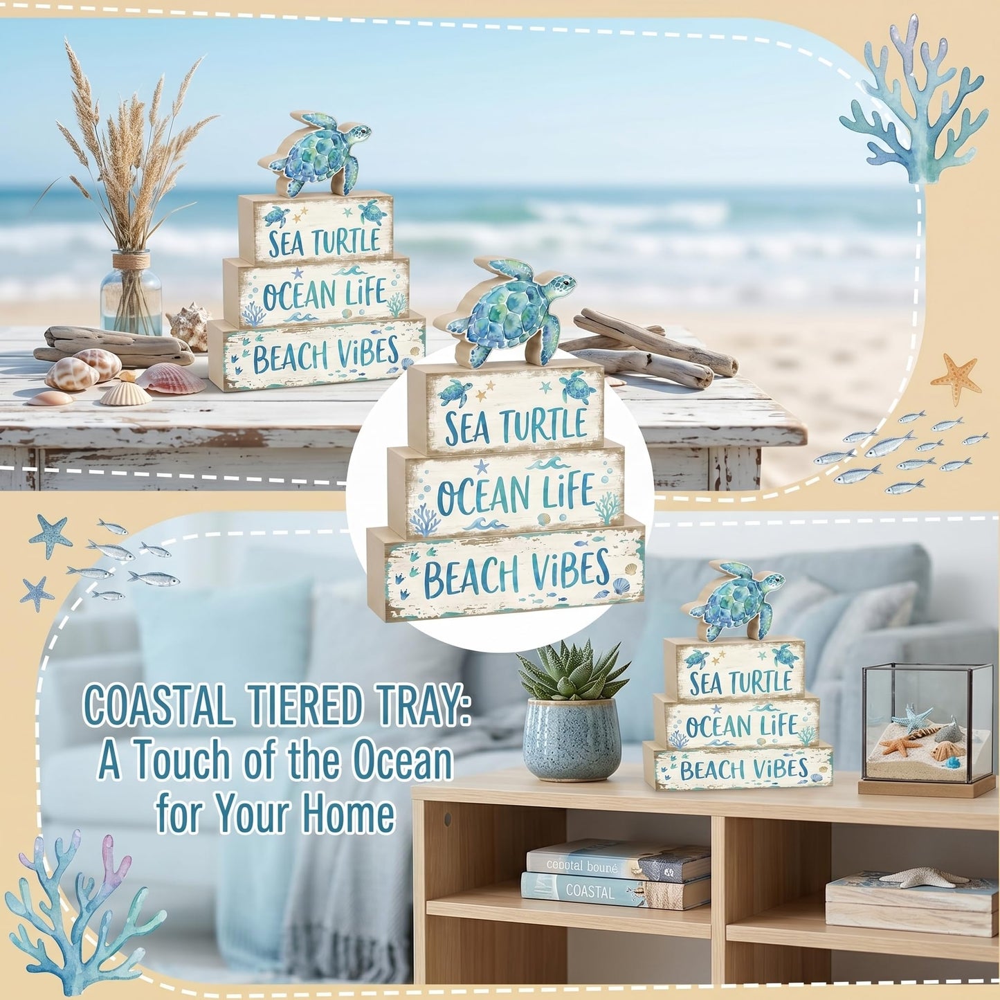 4 Pcs Summer Sea Turtle Bathroom Decor Summer Ocean Table Decorations Beach Tiered Tray Decor Coastal Wooden Signs Shelf Sitter Save The Sea Home Kitchen Office Decorations