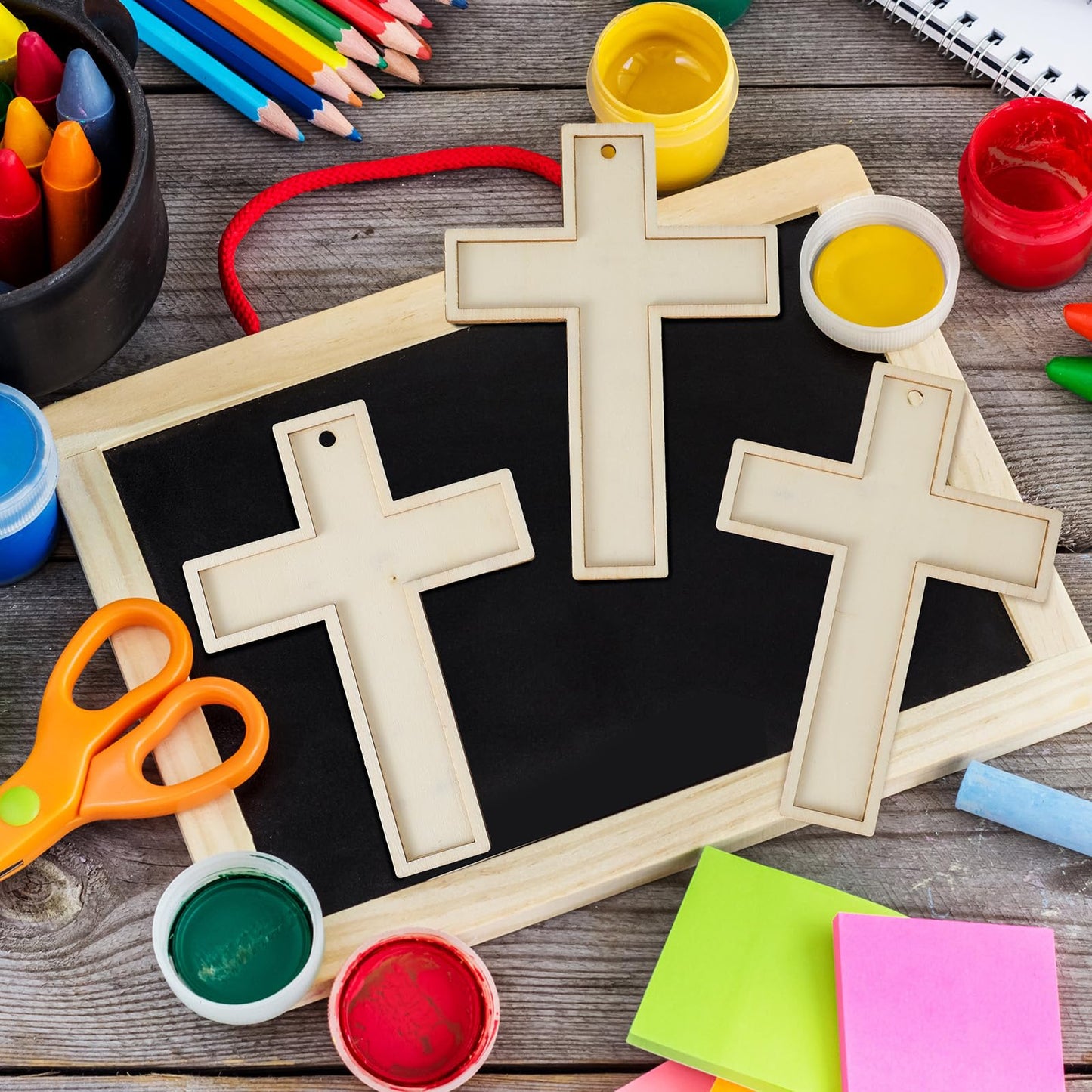 Beeveer 24 Pcs Unfinished Wooden Crosses for Crafts Unpainted Large Blank Wooden Layered Cross for Sunday School Crafts DIY Easter Projects Church Home Wall Decoration with String (5 x 3.62 Inch)