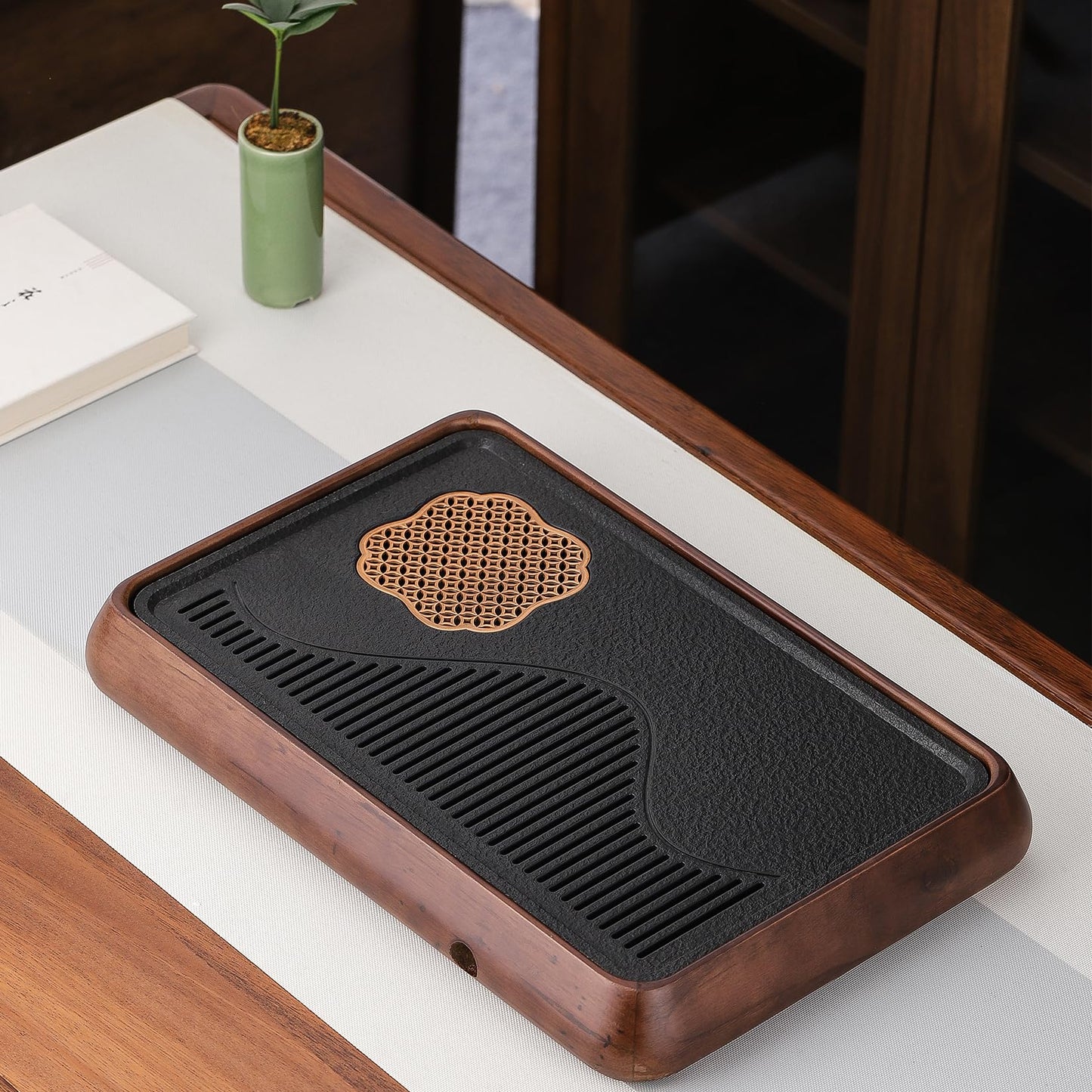 AUUKYII Wooden Chinese Tea Tray15 x 10 x 2 inches,Japanese Tea Serving Tray, Gongfu Tea Table Set with Reservoir Type Water Storage Box