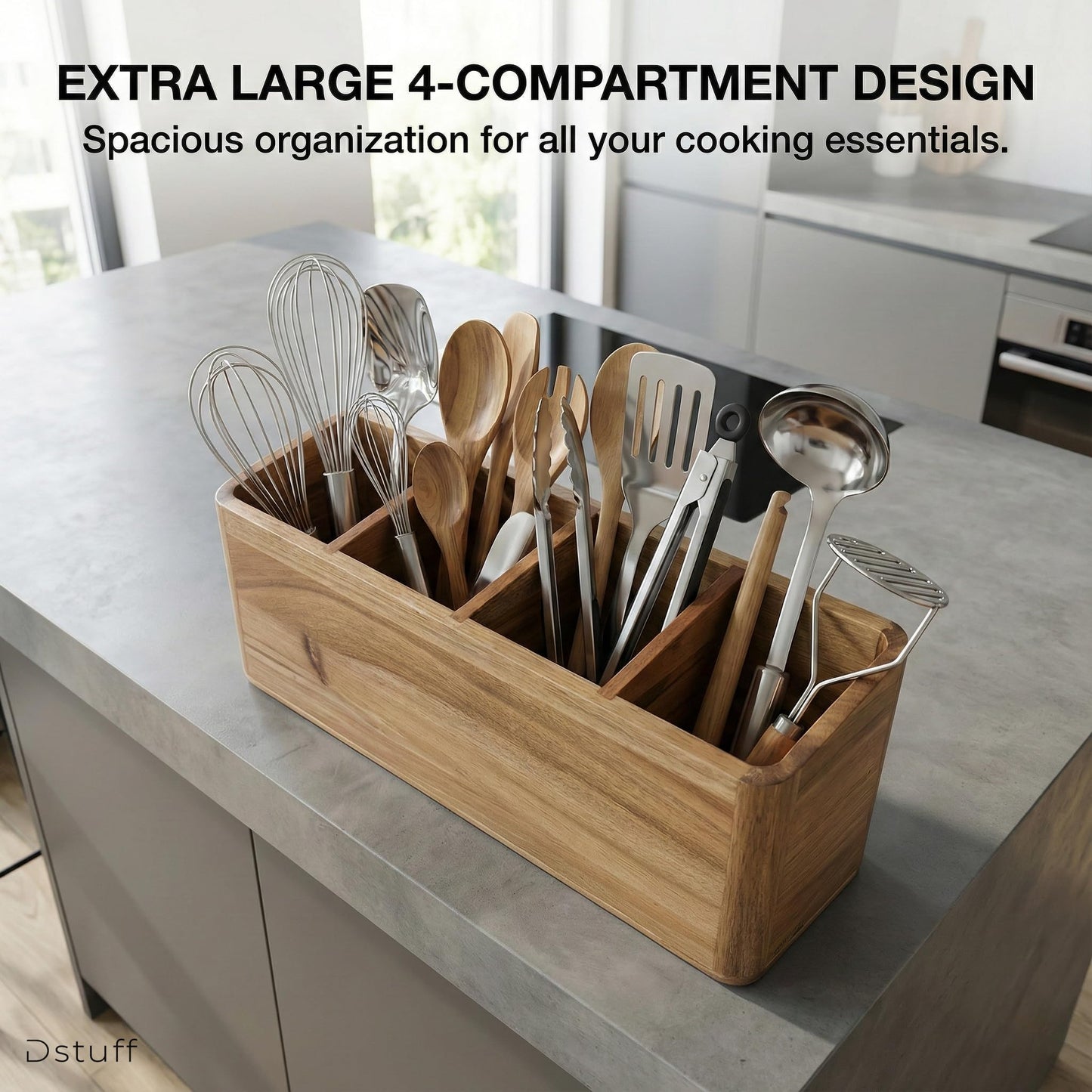 Dstuff Large Kitchen Utensil Holder Organizer for Counter or Countertop, Wooden Storage Container for Cooking and Silverware, Acacia Rustic Wood (4 Compartments)