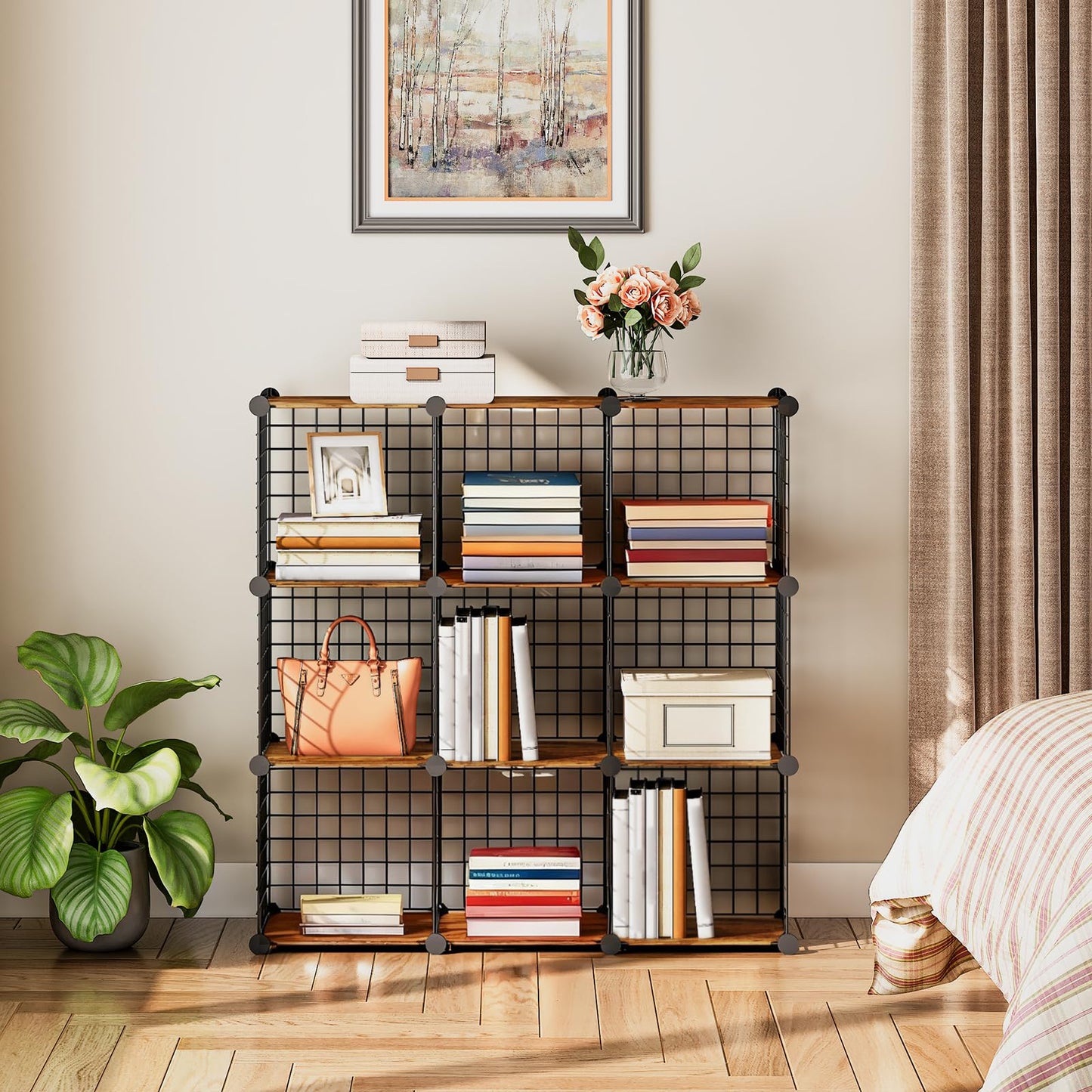 HOOBRO Floating Shelves for Wall and Wire Cube Storage Organizer, Wall Mounted Shelf Set of 2, 9-Cube Shelves, Modular Shelves with Metal Grid, DIY Closet Cabinet, BF40BJ01-BF09CW01