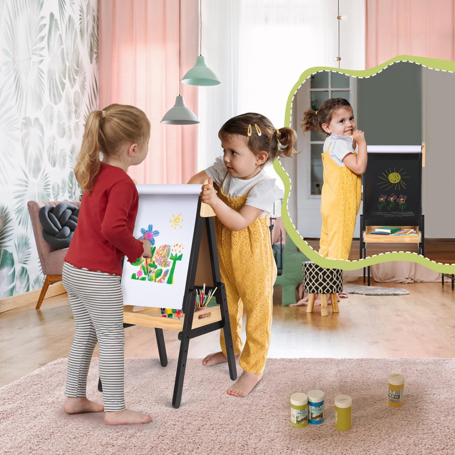 3 in 1 Easel for Little Kids with Wood Tray, Double Sided Wooden Easel with Paper Roll, Magnetic Whiteboard & Dry Erase Black Chalkboard, Height Adjustable Painting Standing for Toddlers Childrens 2-5