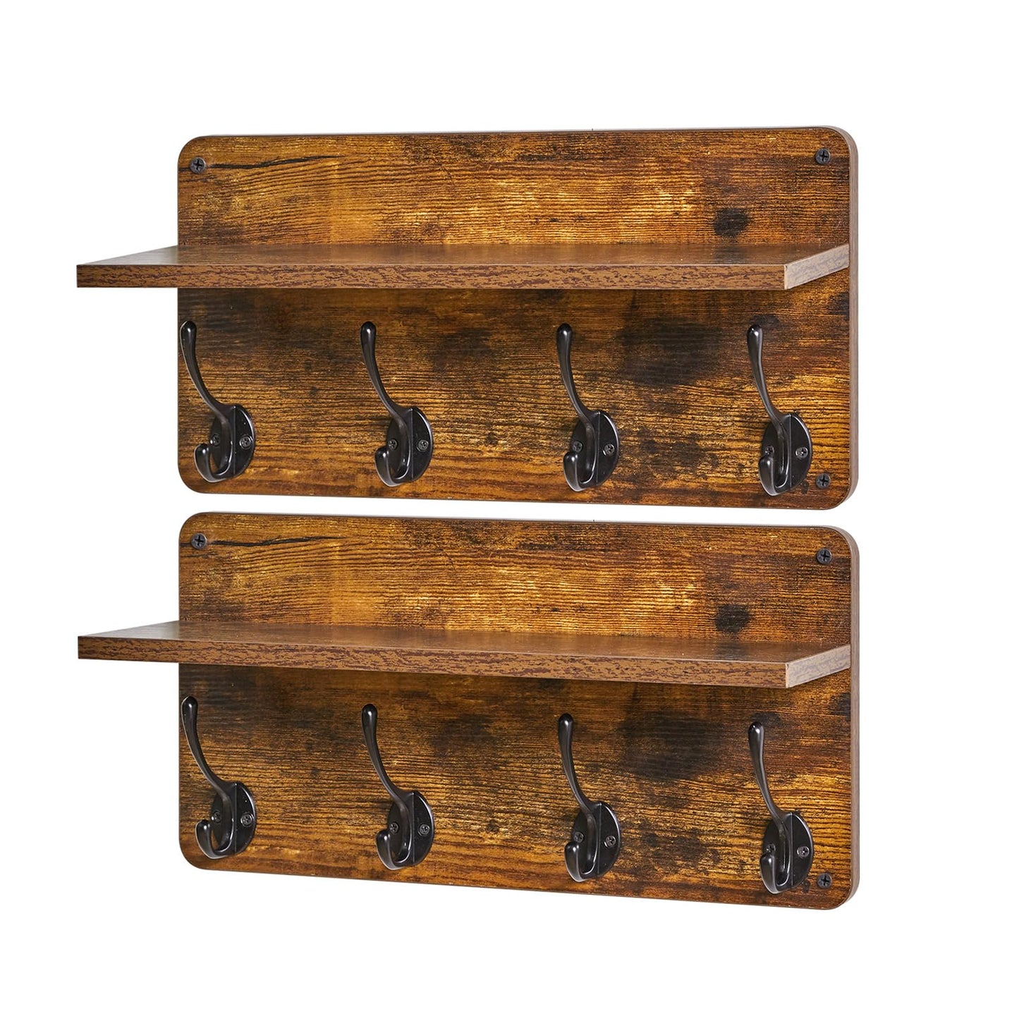 YMYNY Coat Rack Shelf Wall Mounted, Wooden Coat Hooks Set of 2, Entryway Coat Hanger with 8 Hooks,31.5''L Floating Shelves, Key Holder, for Kitchen, Bathroom, Living Room, Rustic Brown, UHWS006H-2
