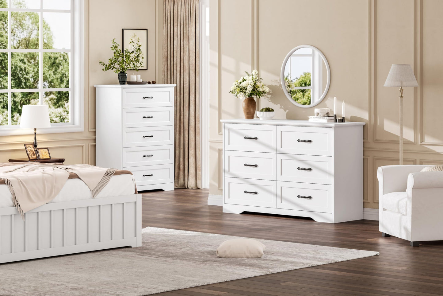 GarveeHome 5 Drawers Dresser for Bedroom, Chest of Drawers with Wide Metal Handle, Farmhouse Modern Wooden Tall Dresser, Natural Texture, Storage Organizer for Bedroom, Living Room, Kids Room(White)