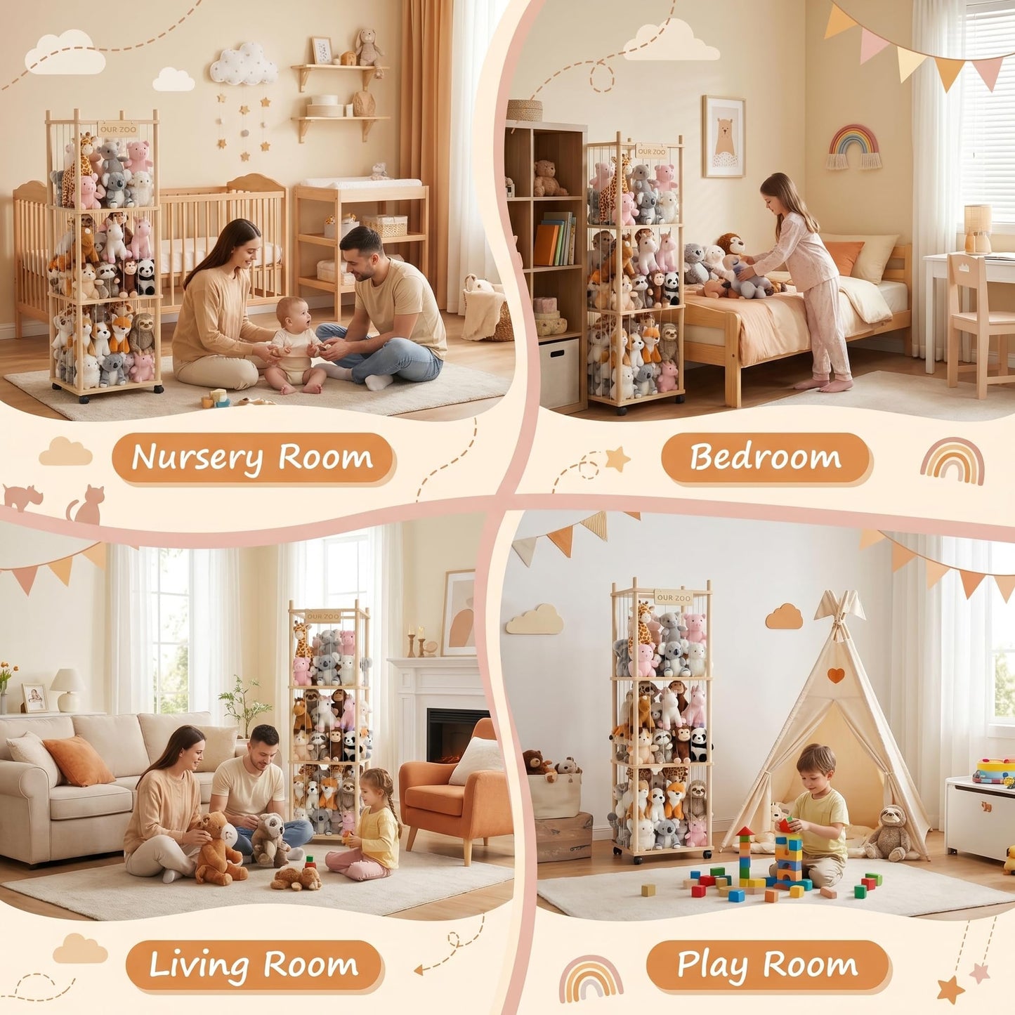 Stuffed Animal Storage Organizer Zoo Tower, Large Wooden Plush Toy Organizer & Holder with Elastic Cords & Brake, Plushies Storage for Playroom Bedroom Nursery, Natural Solid Wood, Easy Assembly