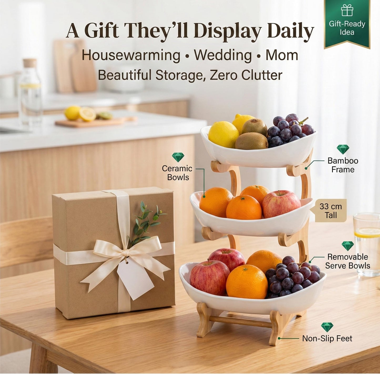 TOSCARA Bamboo Fruit Stand - 3 Tier Ceramic Fruit Bowls with Wooden Stand β Fruit Holder for Kitchen, Dining Table & Living Room β Decorative Countertop Organizer for Fruits, Vegetables & Snacks