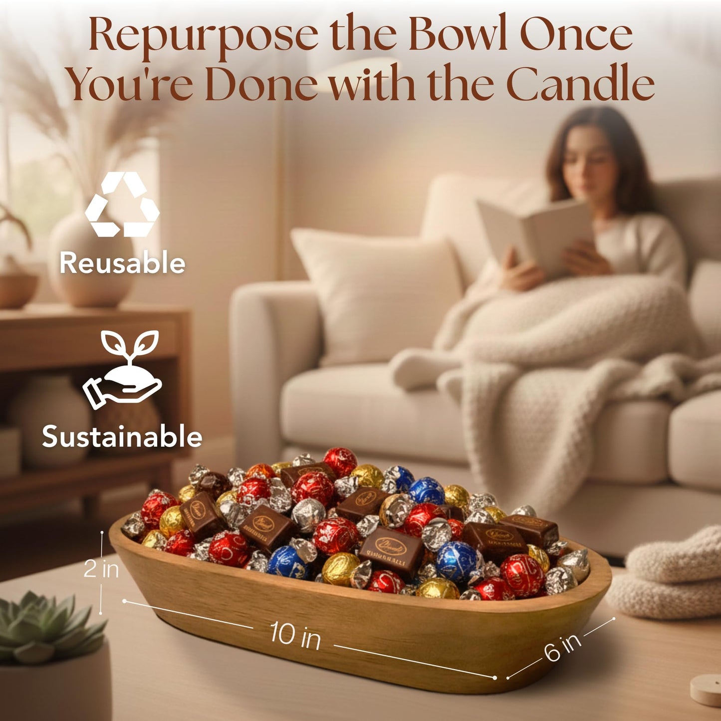 Dough Bowl Candle Co. Wooden Bowl Candle - 20 Oz. 10x6x2 3-Wick Large Lavender Soy Candles for Home Scented, Long Lasting Aromatherapy for Women and Men with Up to 40H Burn Time, Decoration Gifts