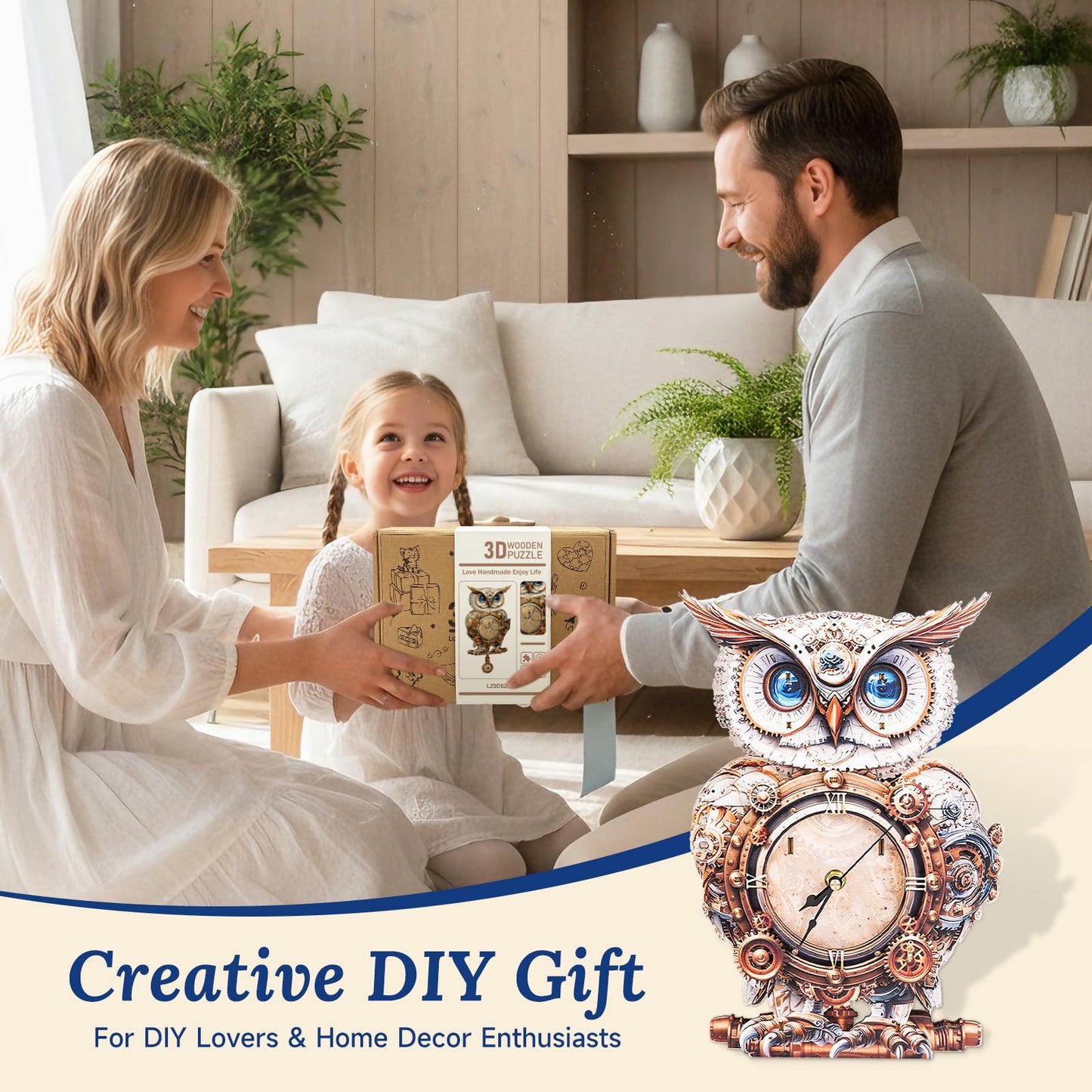 wudhank 3D Wooden Puzzle for Adults - Mechanical Owl Clock, Mechanical Wall Clock Kit with Pendulum, 3D Puzzles for Adults DIY Room Home Decor, Holiday Birthday Gift for Men Women
