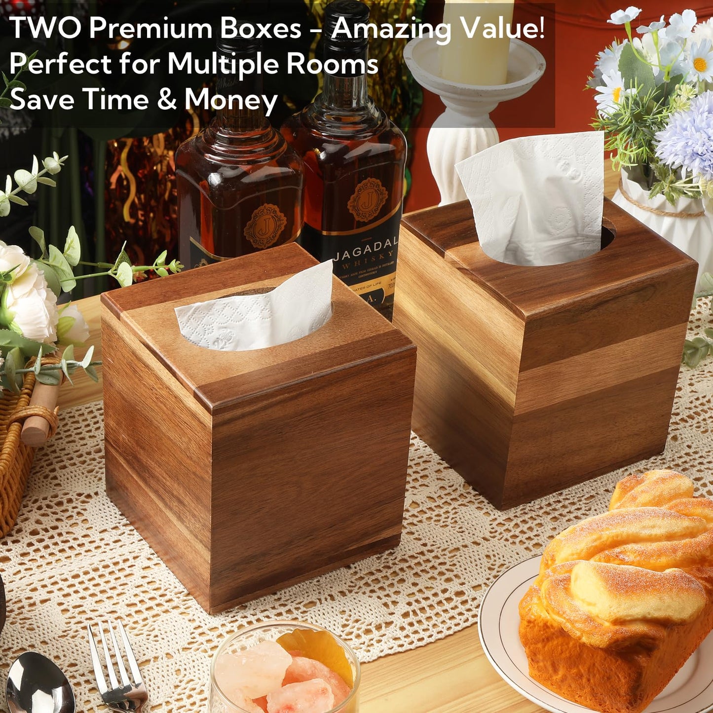2 Pack Wooden Tissue Box Cover Bulk Square - Acacia Wood Tissue Box Holder for Tabletop Stands Bathroom Office- Decorative Facial Wood Tissue Box Cover for Modern Farmhouse Decor