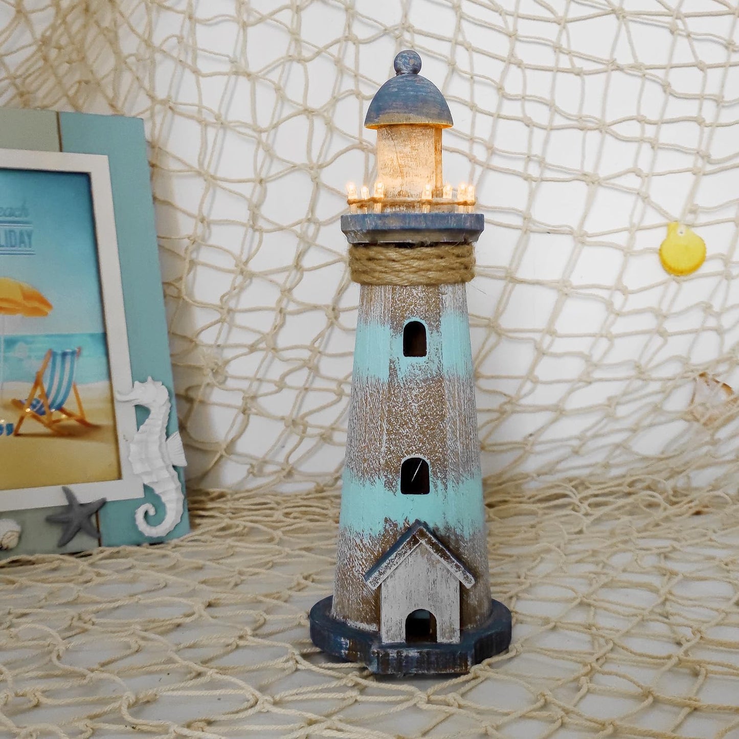 Morning View Lighthouse Decor Nautical Decoration Lighted Wood Light House Figurine Beach House Coastal Decor Table Ocean Seaside Theme Home Decor Lake House Bathroom Shelf Centerpiece 12.75"(Teal)