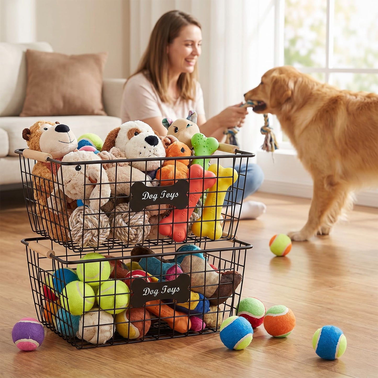 Bromjavol 2-piece Metal Dog Toy Basket with Wooden Handles, Indestructible Dogs Toy Storage Bin, Dogs Organizer Box for Living Room-Chew Proof-Ideal for Outdoor and Indoor-Black