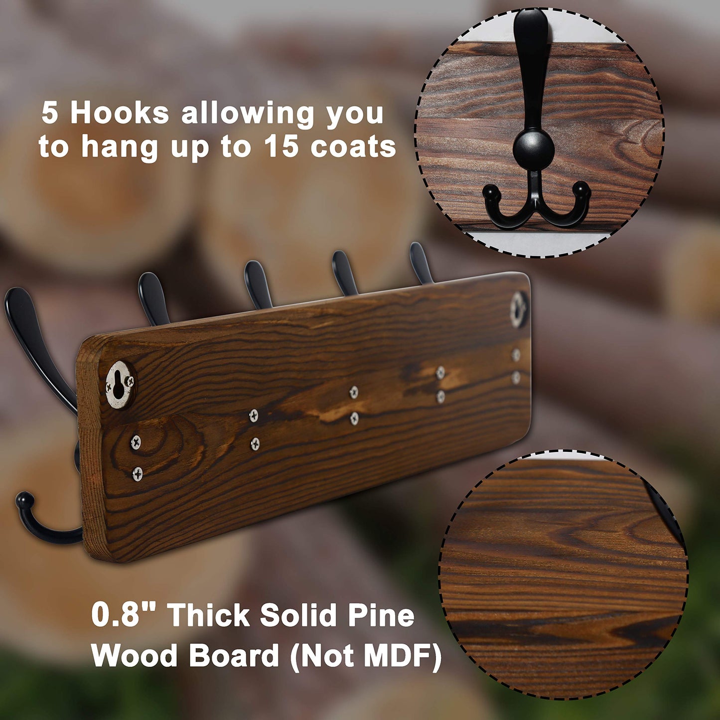 Dseap Coat Rack Wall Mounted - 24" Long 6 Tri Hooks, Heavy Duty Wooden Wall Coat Hanger Coat Hook for Clothes Hat Jacket Clothing, Weathered Blue and Black