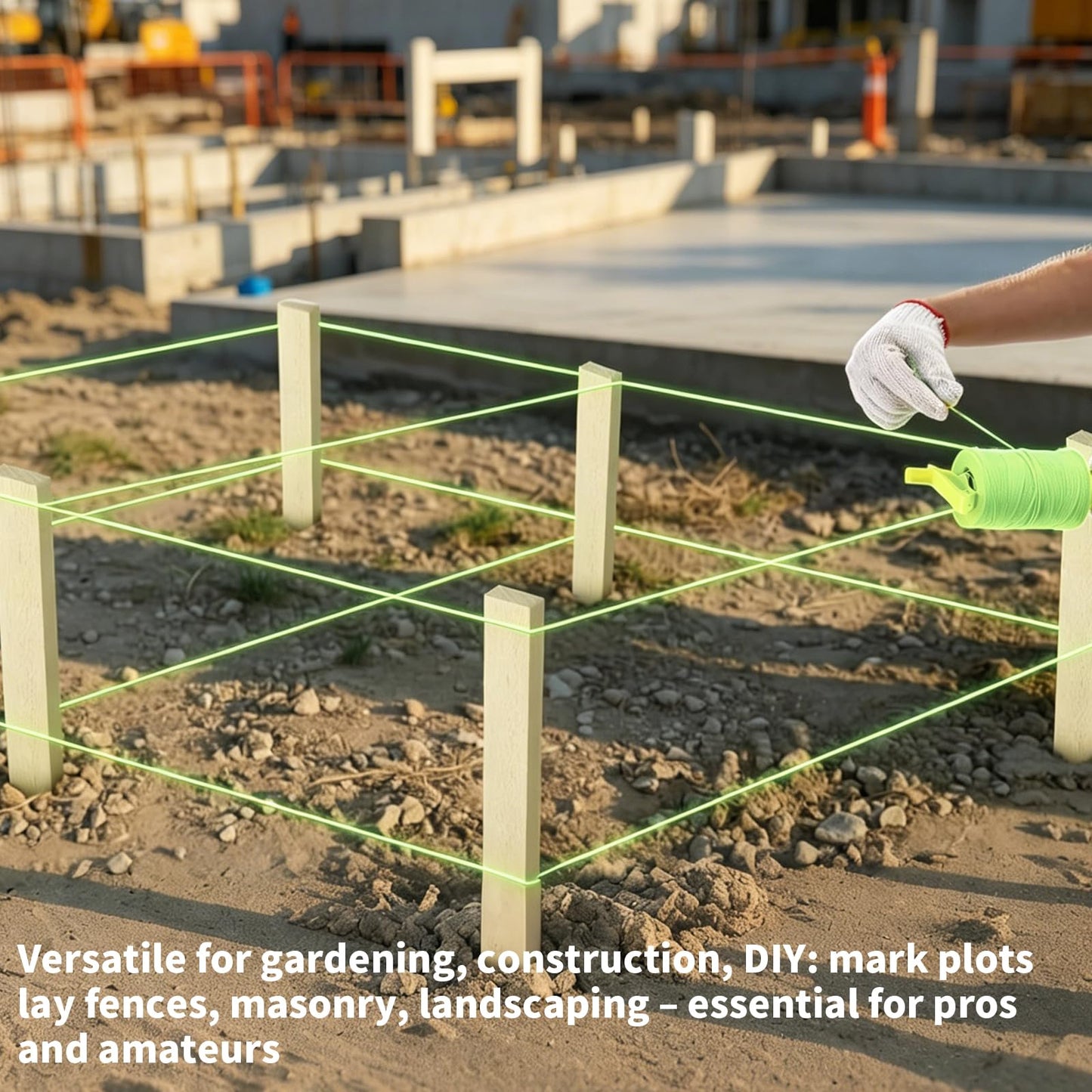 Fluorescent Green Construction String Line Kit: 24 Pcs 12" Wooden Garden Stakes, #18 560ft Mason Line with Handle, 5 String Levels, 2 Pairs Work Gloves | for Outdoor DIY, Landscaping, Yard & Fence