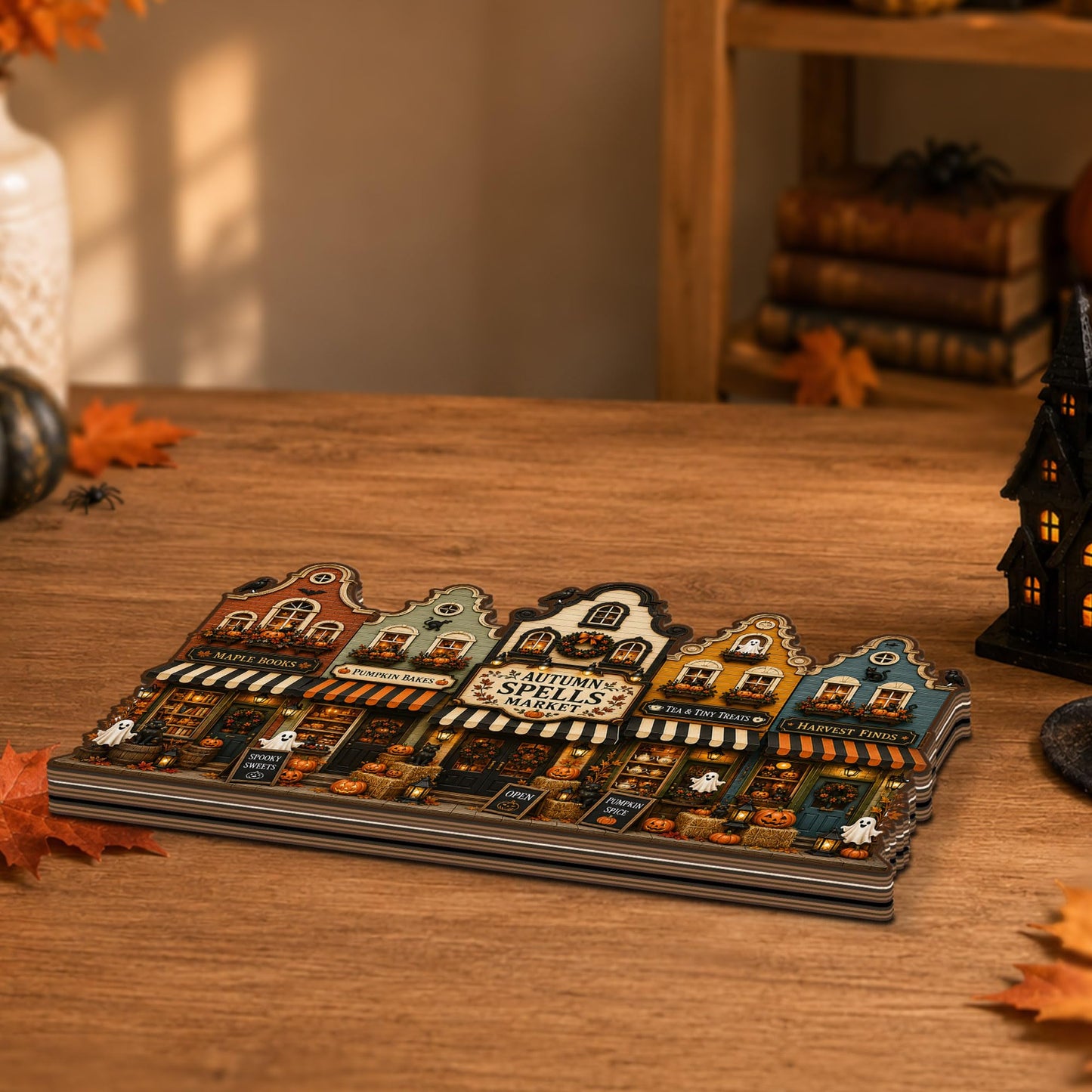 VYLARA Halloween Haunted Village Wooden Block, Rustic Spooky Town Shelf Sitter, Gothic Fall Home Decoration, Halloween Wood Sign Display