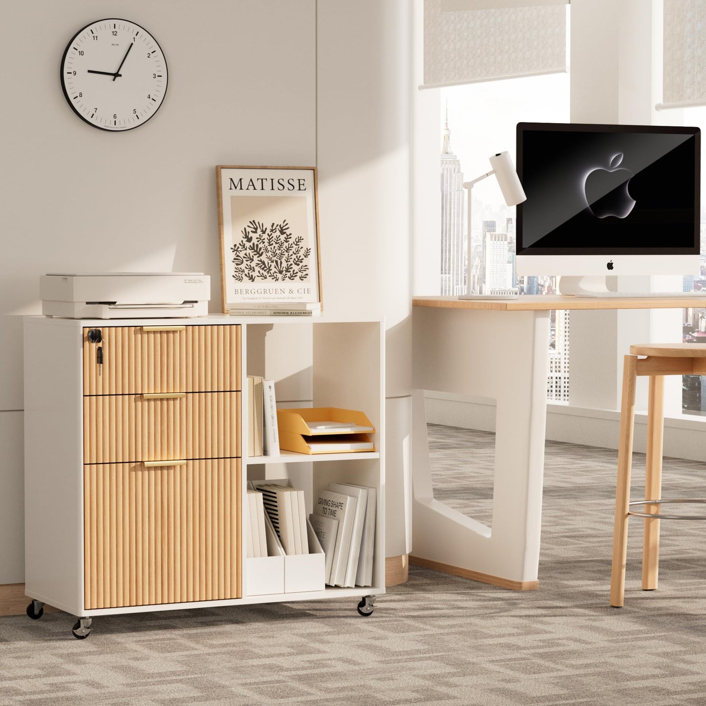 3 Drawer Fluted Mobile Filing Cabinet with Lock, Rolling File Cabinet Printer Stand Table, Under Desk Wooden Printer Stand for Home Office Essentials Storage Organization Furniture Letters/A4(OAK)