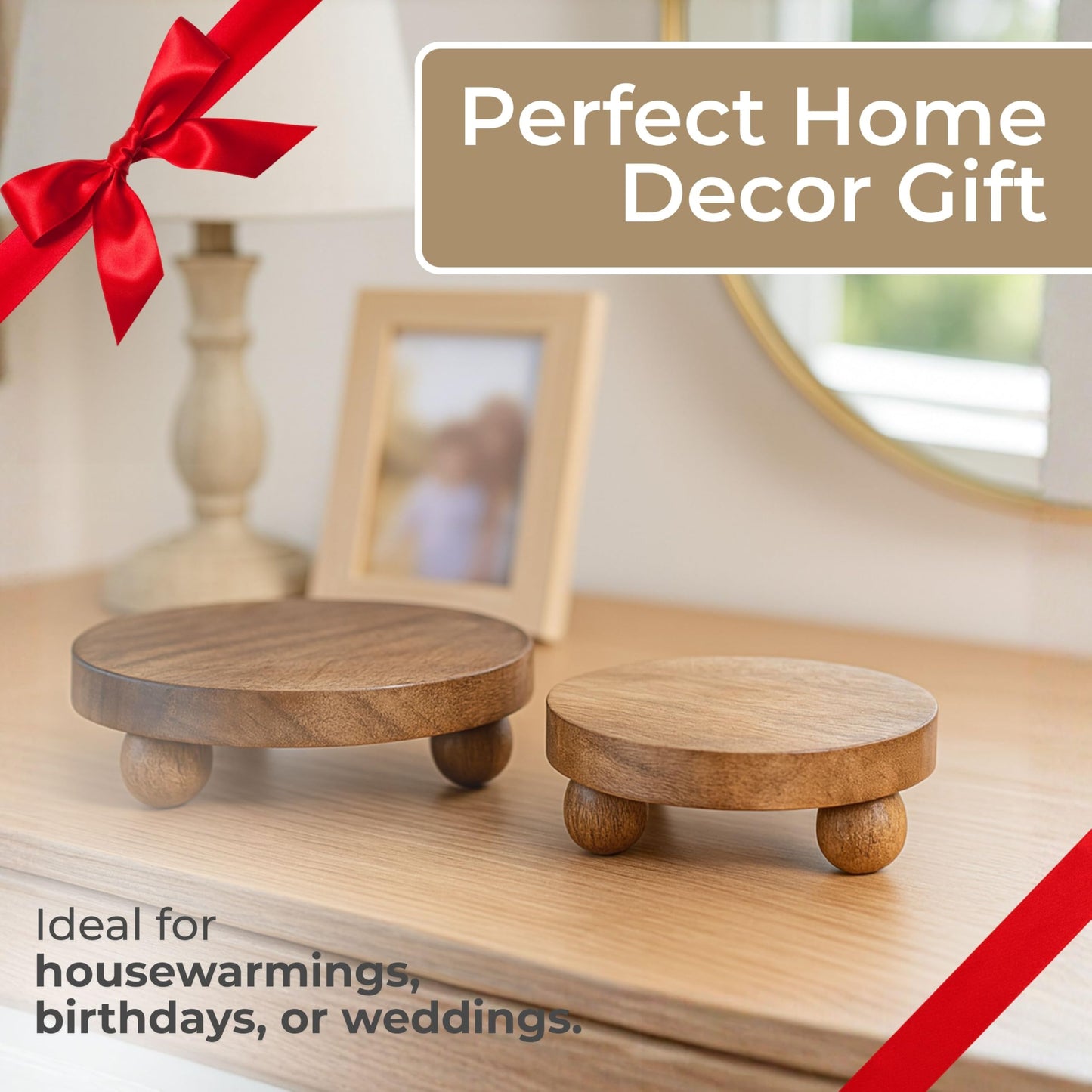 Set of 2 Round Wooden Riser Trays – Handcrafted Mango Wood Pedestal Stands – Rustic Decorative Home Decor for Modern Coffee Table, Kitchen, or Office – 10", Brown