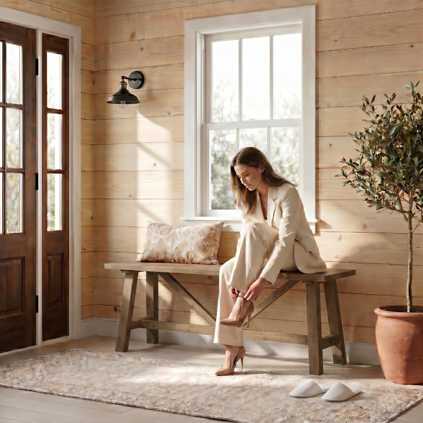 Wnutrees 43" Farmhouse Solid Wood Bench, Narrow Long Seat for Entryway Living Room Dining Area, Natural