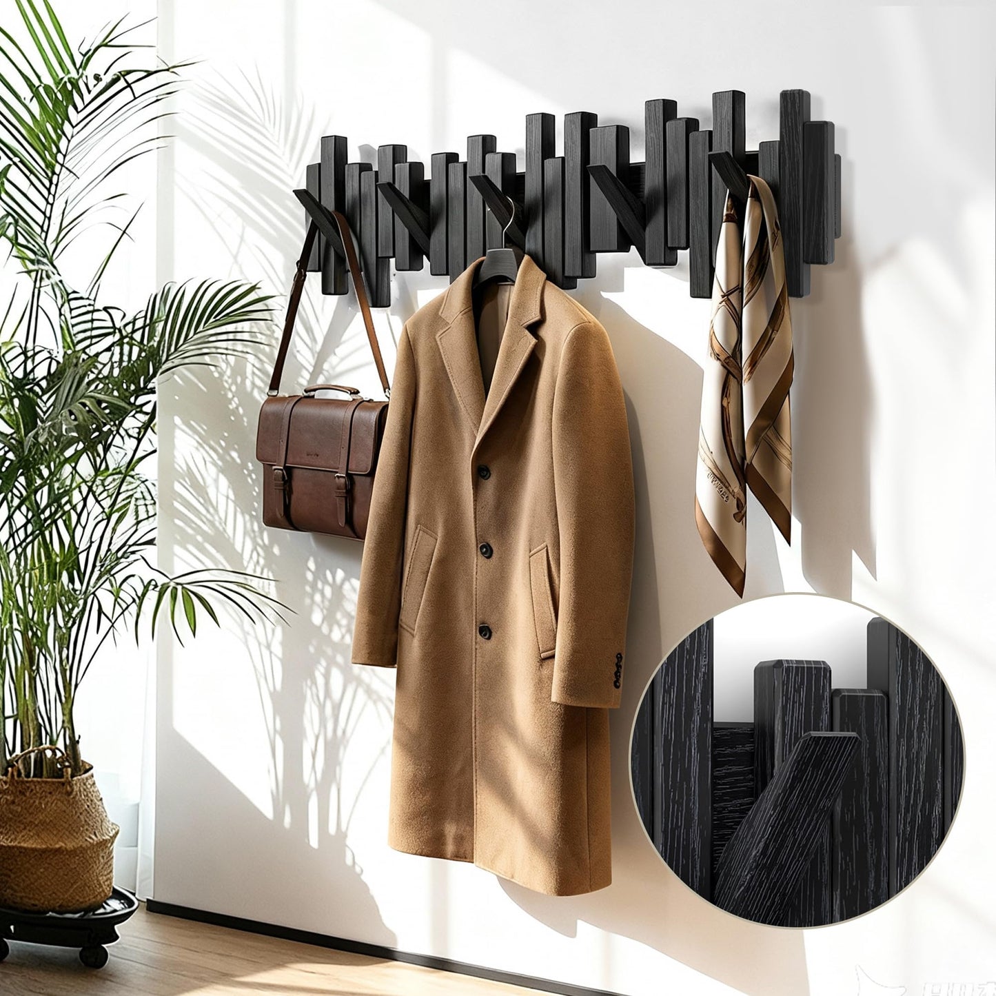 Acsigesn Wooden Coat Rack Wall Mounted Sticks Multi Rack Solid Handmade Natural Wood Artwork with 5 Flip-Down Unique Modern Hooks for Coats Bag Hat Umbrella