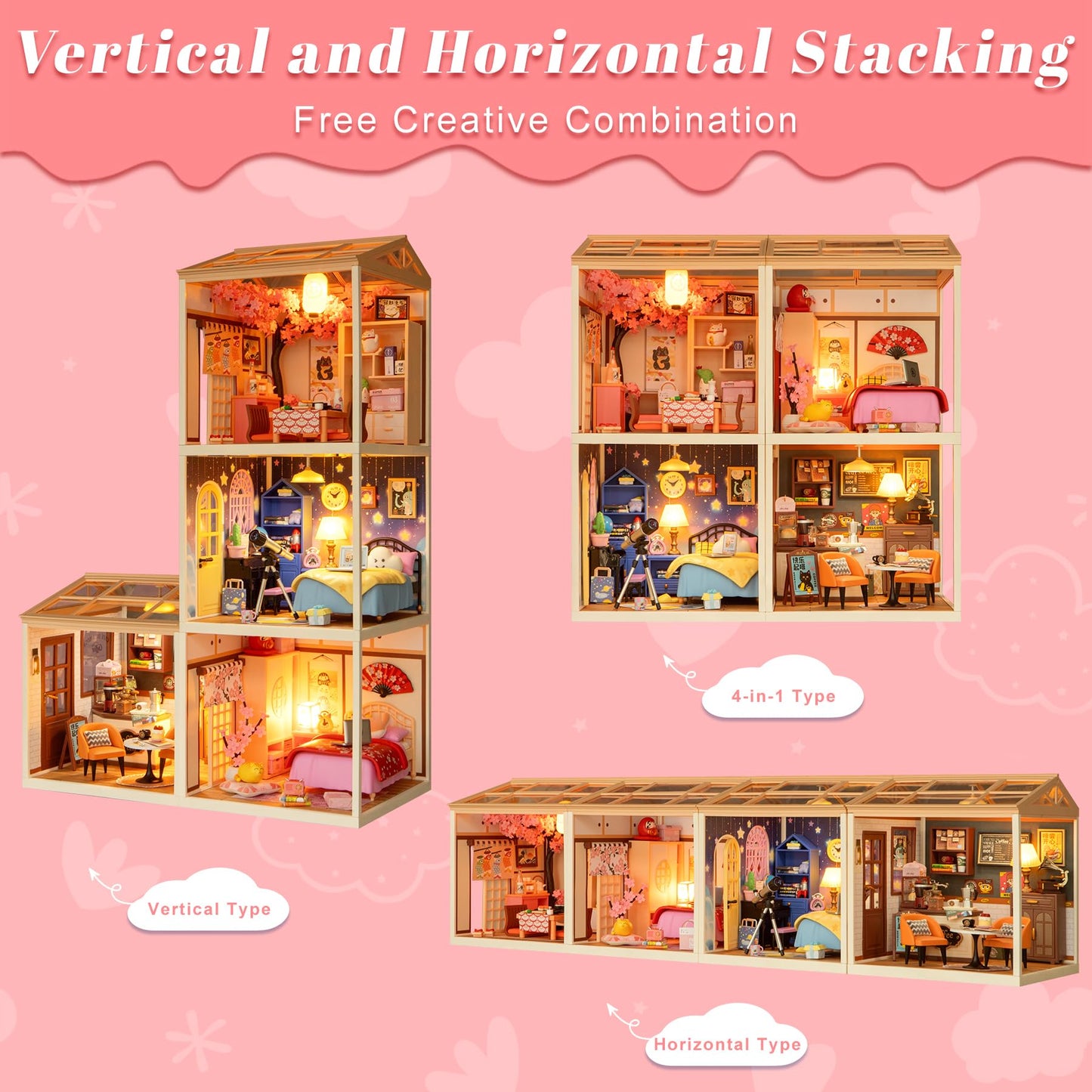 Loyratche DIY Japanese Bedroom Miniature House Kit, LED Light Mini Dollhouse Kit for Adults and Teens, with Roof & Dust Covers, Tiny House Gifts for Kids and Adults