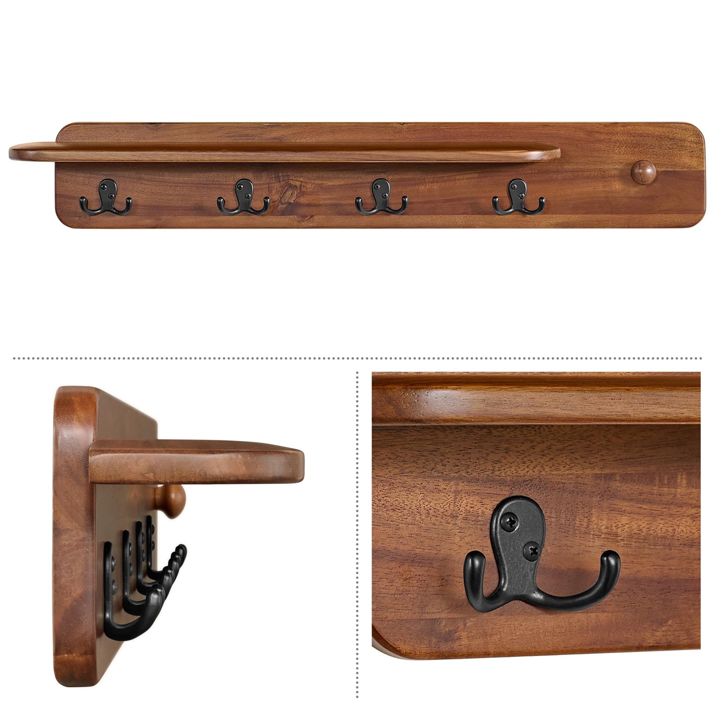 Alaterre Furniture Calais Collection Entryway Bench and Coat Rack - Solid Acacia Wood Mid-Century Modern Entryway Furniture (Chestnut)