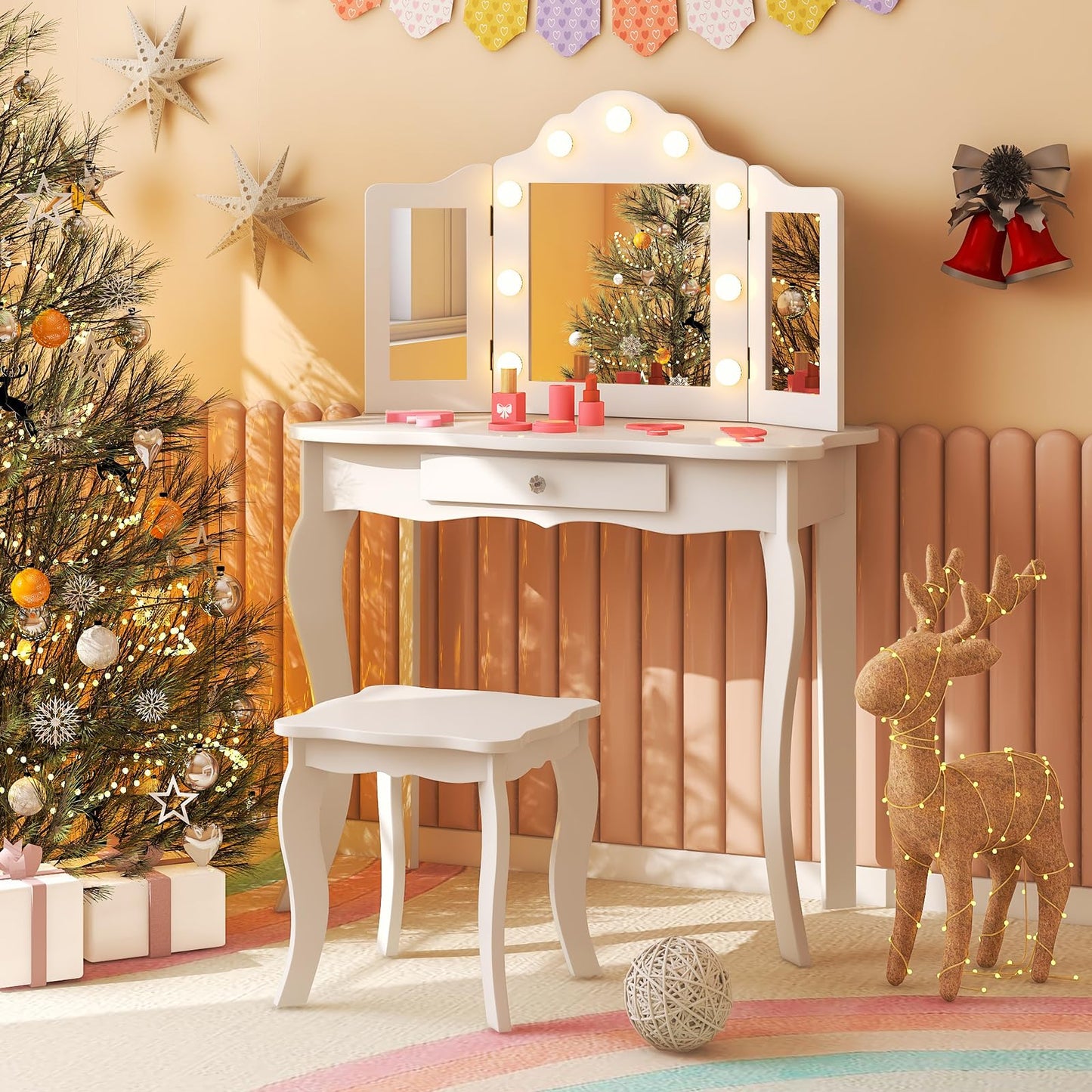 AKUSTIK Kids Vanity with Lights, 2 in 1 Wooden Dressing Table and Chair Set with Tri-Folding Mirror, Stool, Storage Drawer, Toddlers Pretend Princess Beauty Playset Toy Gift for Little Girls